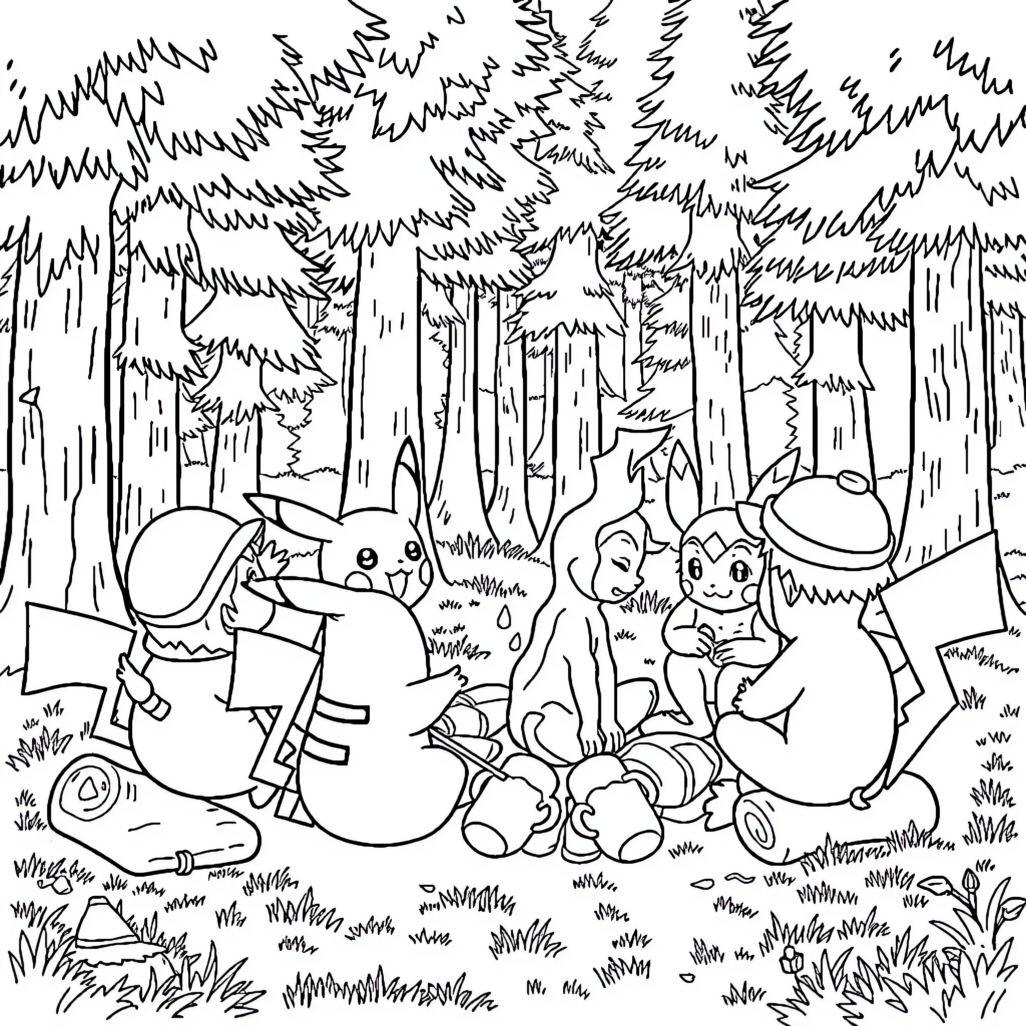 Pikachu and friends explore the enchanted forest Coloring Page (free black-and-white line drawing printable PDF for all, from beginners to advanced learners, including children, teens, adults, and seniors)