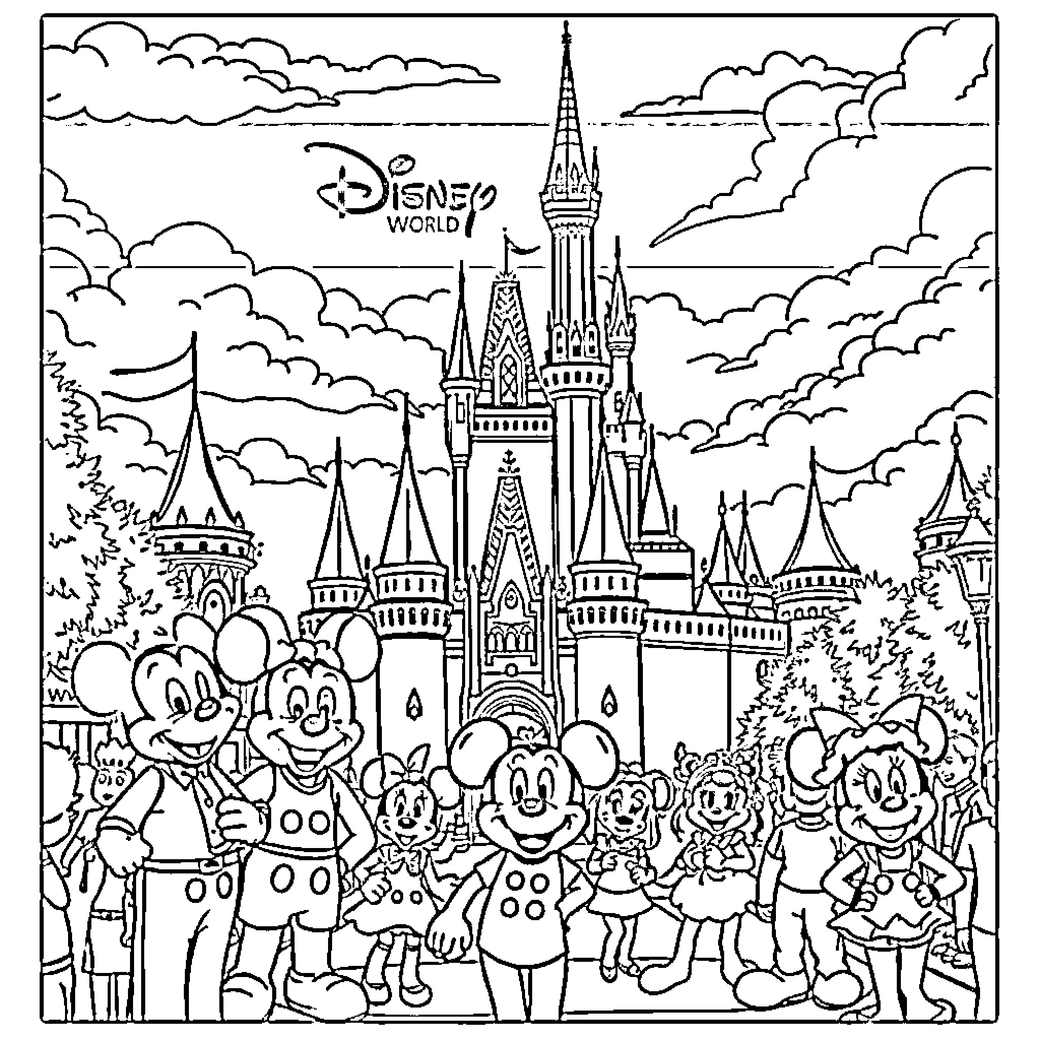 Disney World Parade of Beloved Characters Coloring Page (free black-and-white line drawing printable PDF for all, from beginners to advanced learners, including children, teens, adults, and seniors)
