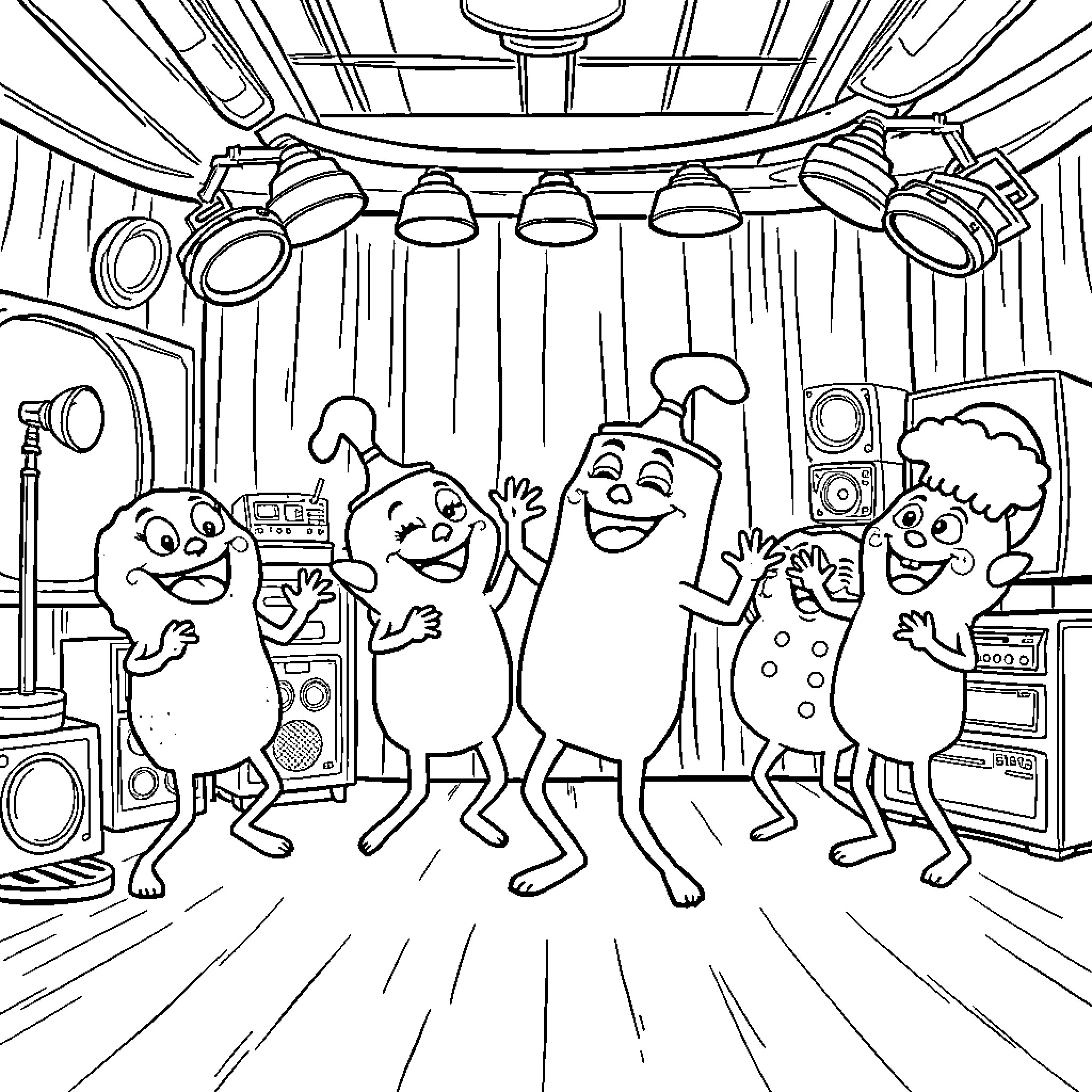 Yo Gabba Gabba characters dancing happily in a music studio Coloring Page (free black-and-white line drawing printable PDF for all, from beginners to advanced learners, including children, teens, adults, and seniors)