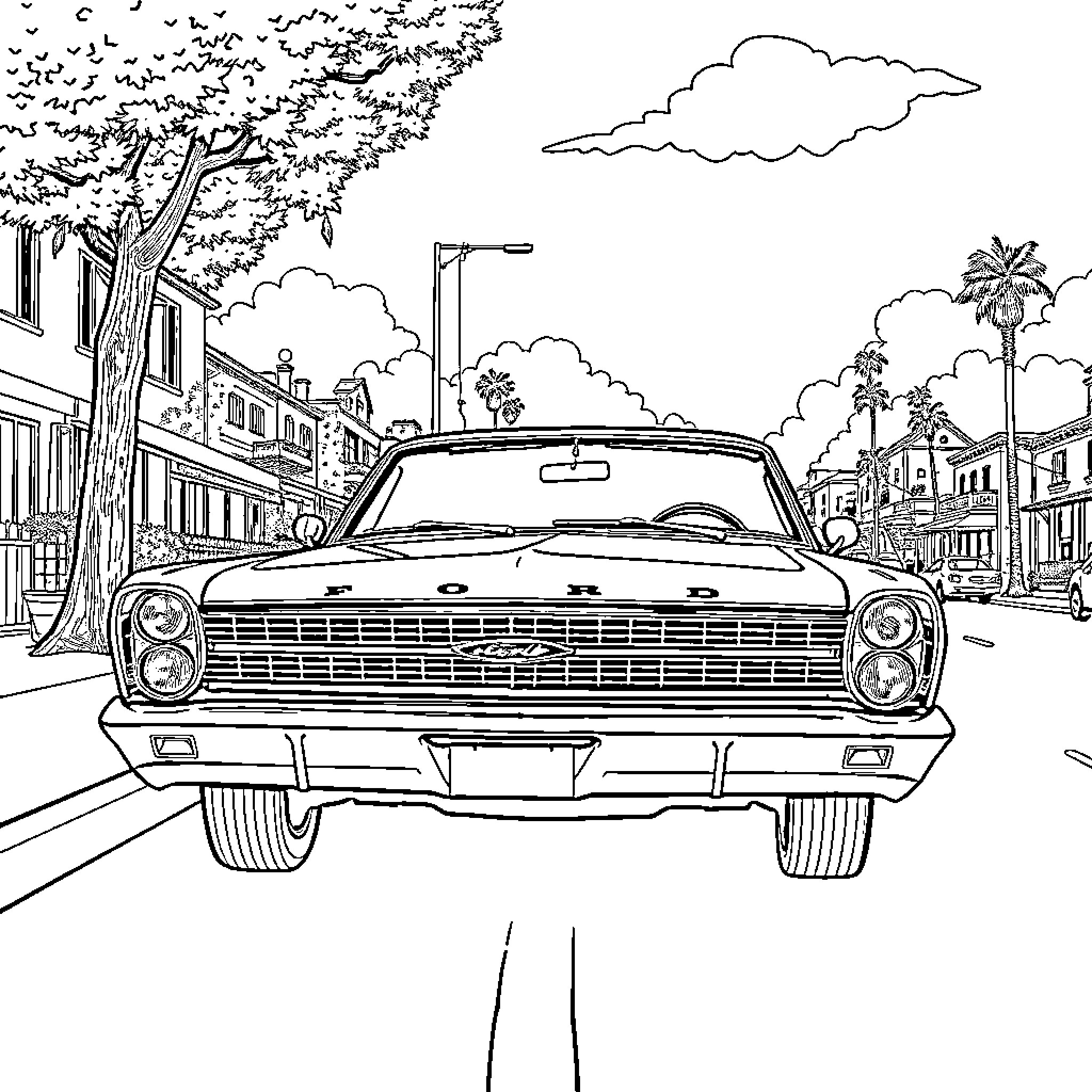 Ford Classic Car Cruising Through Vibrant City Scene Coloring Page (free black-and-white line drawing printable PDF for all, from beginners to advanced learners, including children, teens, adults, and seniors)