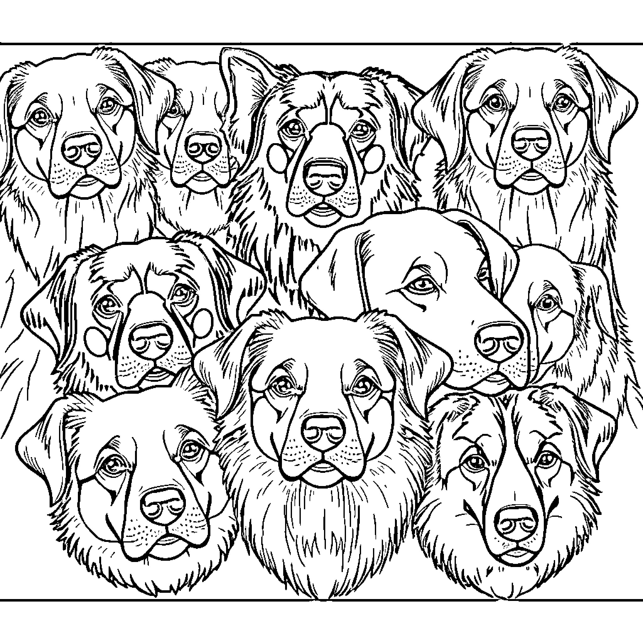 Dogs Gathered Together in Expressive Poses Coloring Page (free black-and-white line drawing printable PDF for all, from beginners to advanced learners, including children, teens, adults, and seniors)