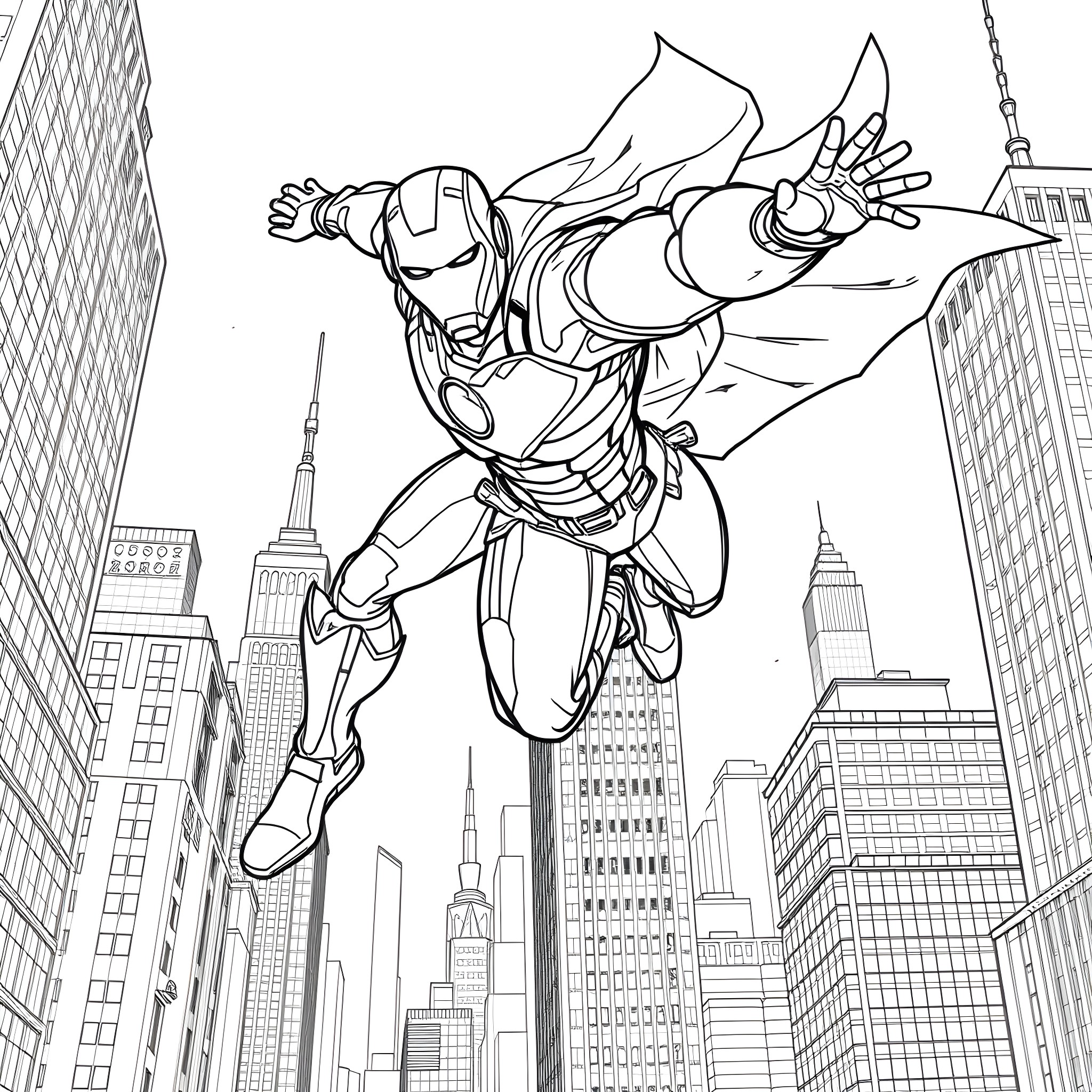 Iron Man soaring through the city skyline Coloring Page (free black-and-white line drawing printable PDF for all, from beginners to advanced learners, including children, teens, adults, and seniors)