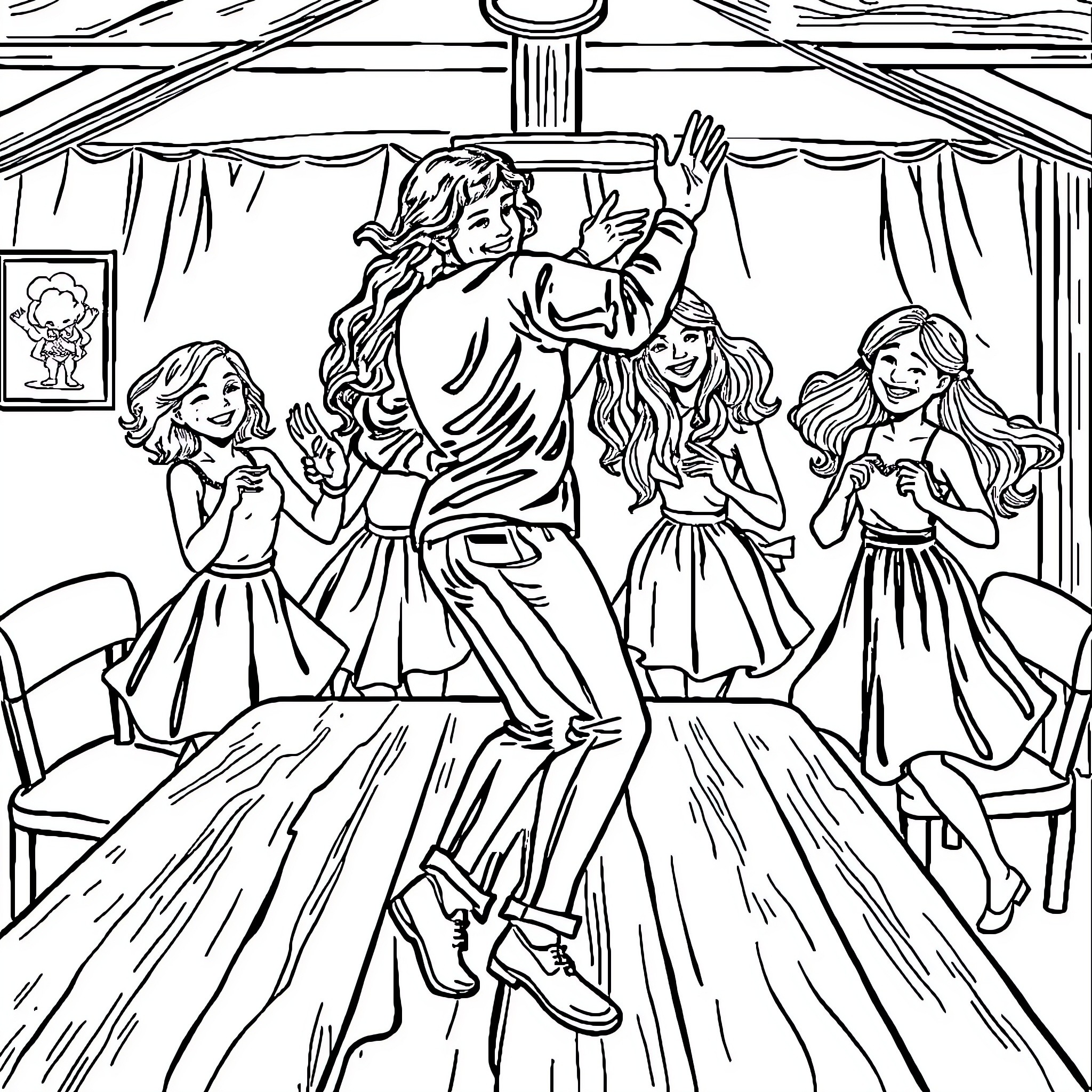 Person dancing joyfully with friends at a party Coloring Page (free black-and-white line drawing printable PDF for all, from beginners to advanced learners, including children, teens, adults, and seniors)
