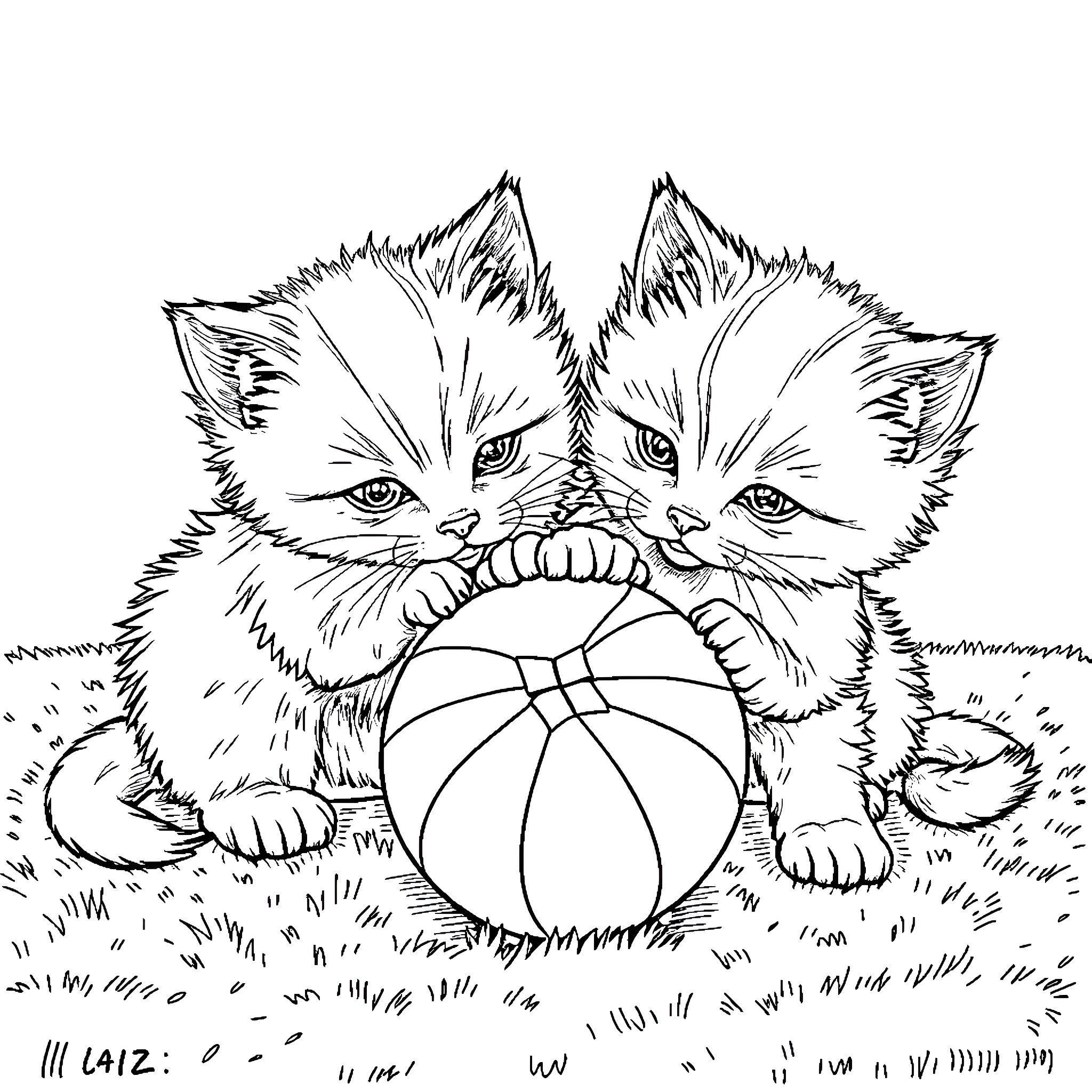 Kitty kittens playing with ball on grassy field Coloring Page (free black-and-white line drawing printable PDF for all, from beginners to advanced learners, including children, teens, adults, and seniors)