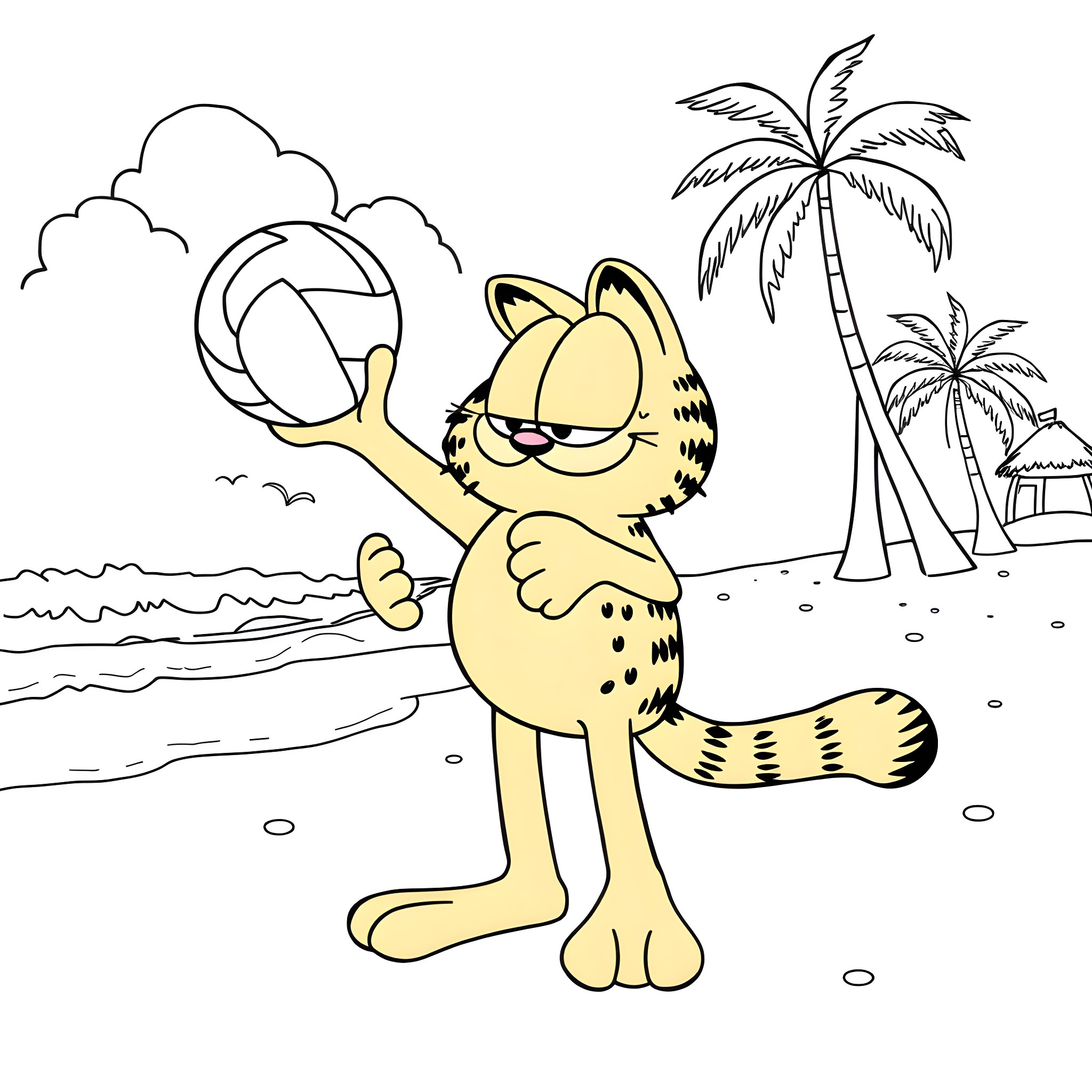Garfield playing volleyball on the beach Coloring Page (free black-and-white line drawing printable PDF for all, from beginners to advanced learners, including children, teens, adults, and seniors)