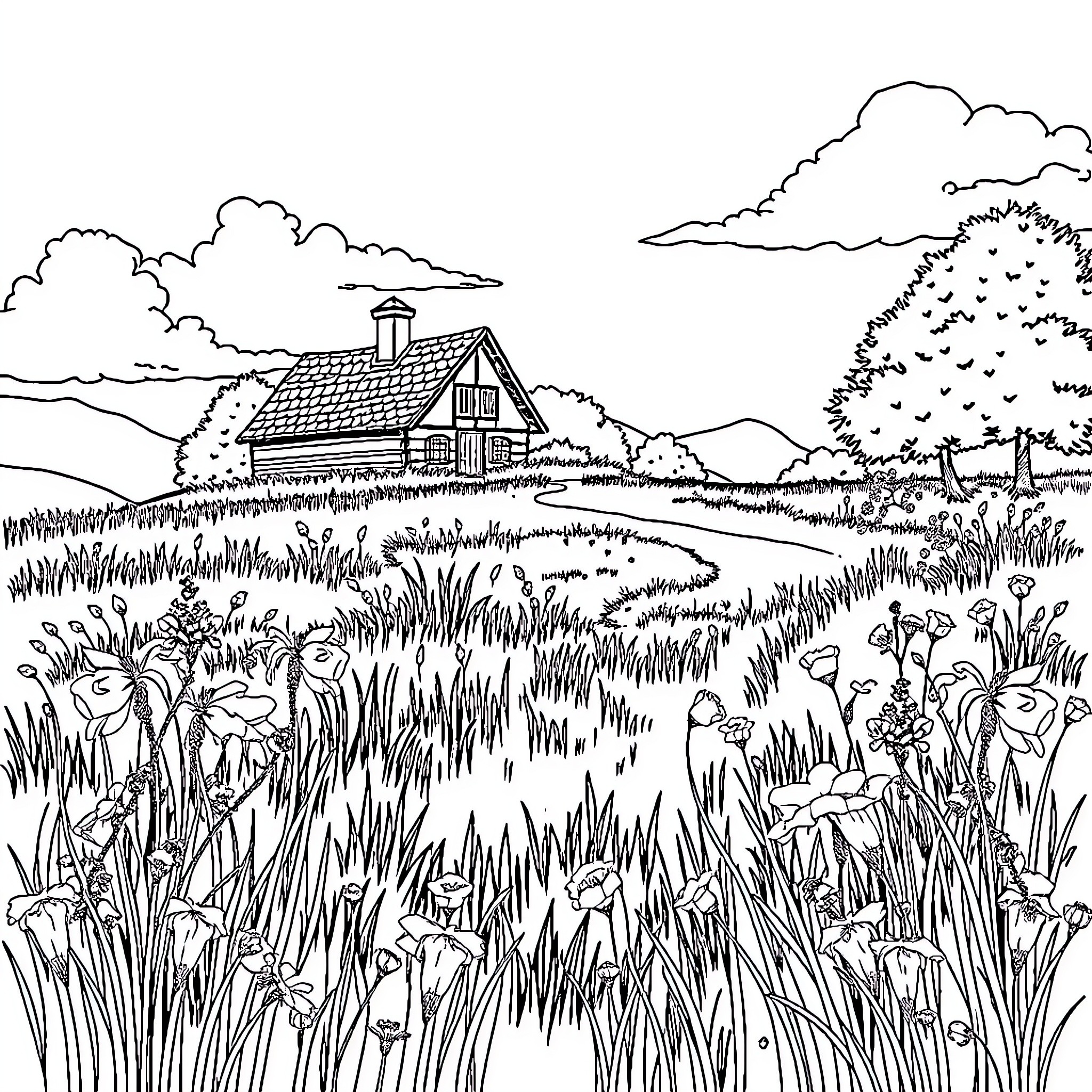Prairie Landscape with Rustic Barn and Wildflowers Coloring Page (free black-and-white line drawing printable PDF for all, from beginners to advanced learners, including children, teens, adults, and seniors)