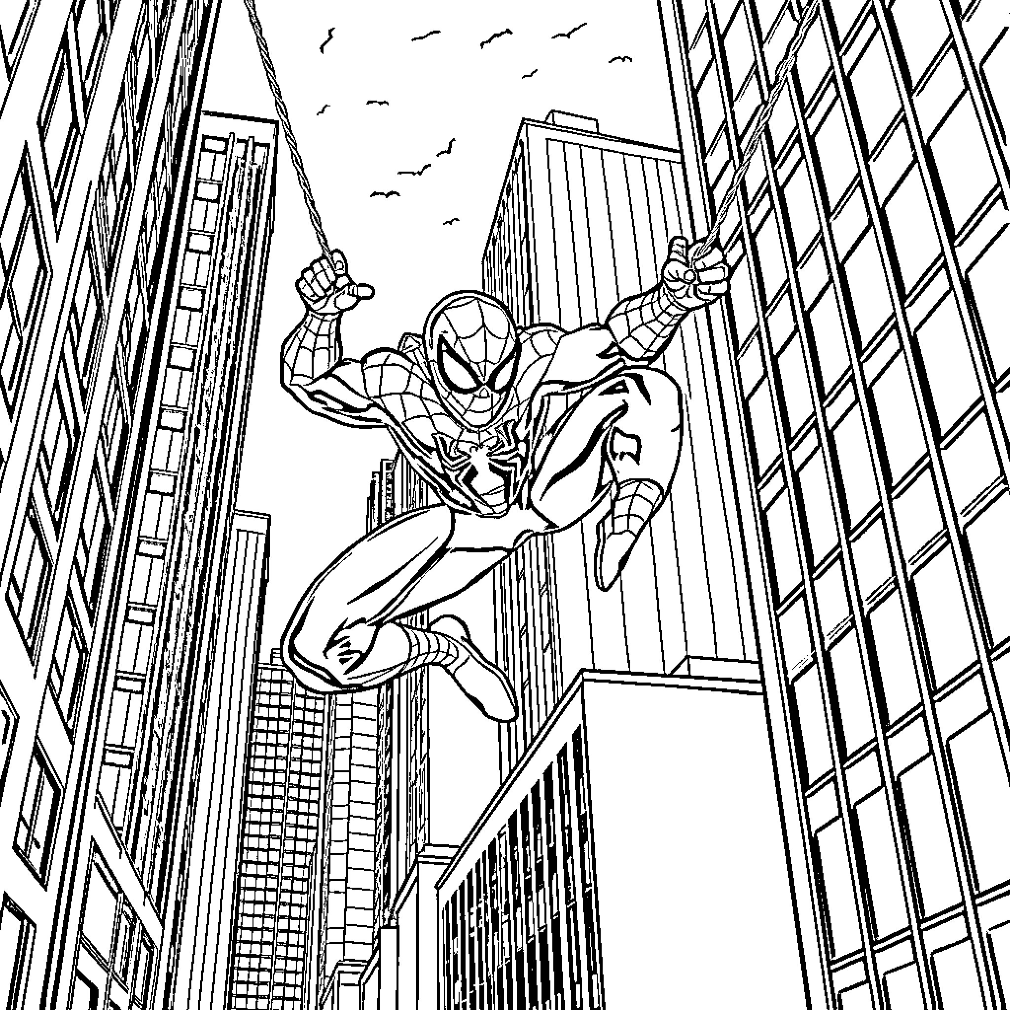 Spiderman swinging through the city skyline Coloring Page (free black-and-white line drawing printable PDF for all, from beginners to advanced learners, including children, teens, adults, and seniors)