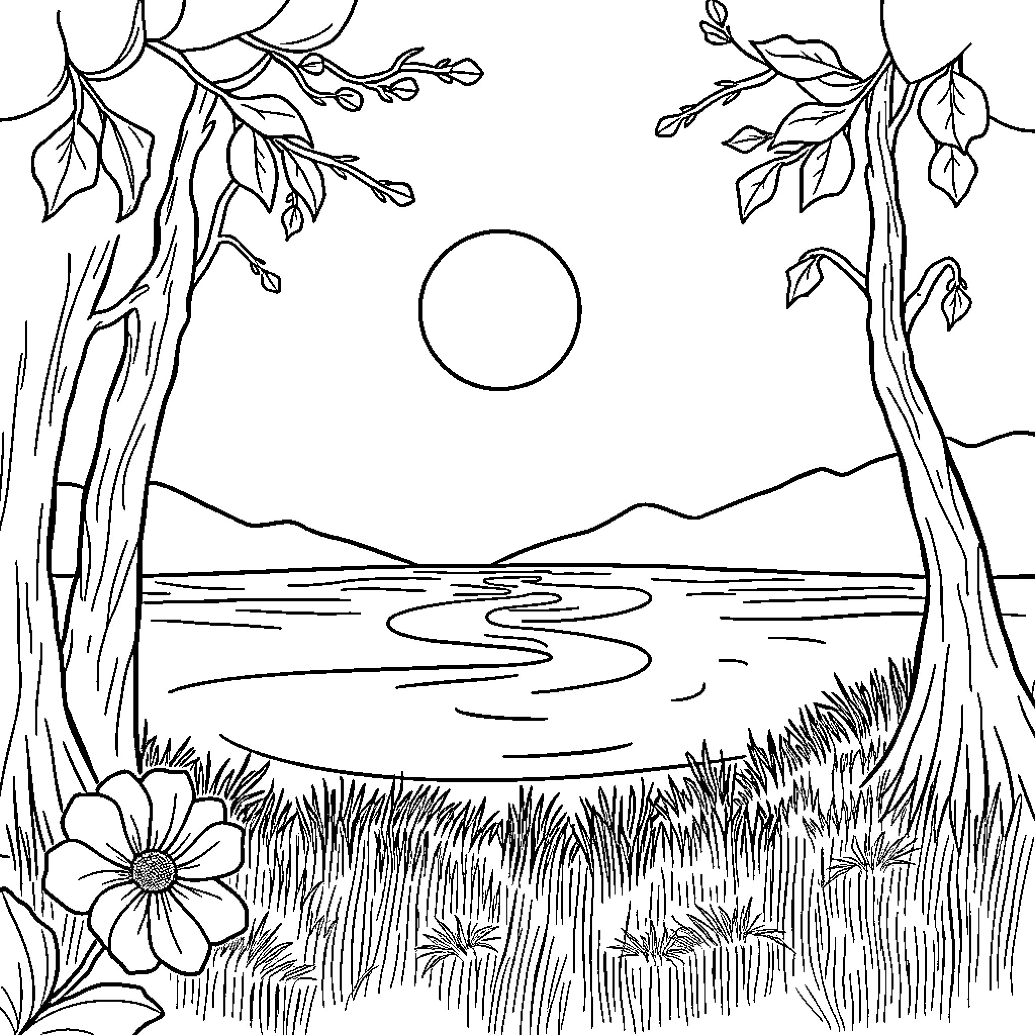 Cat in the peaceful nature landscape Coloring Page (free black-and-white line drawing printable PDF for all, from beginners to advanced learners, including children, teens, adults, and seniors)