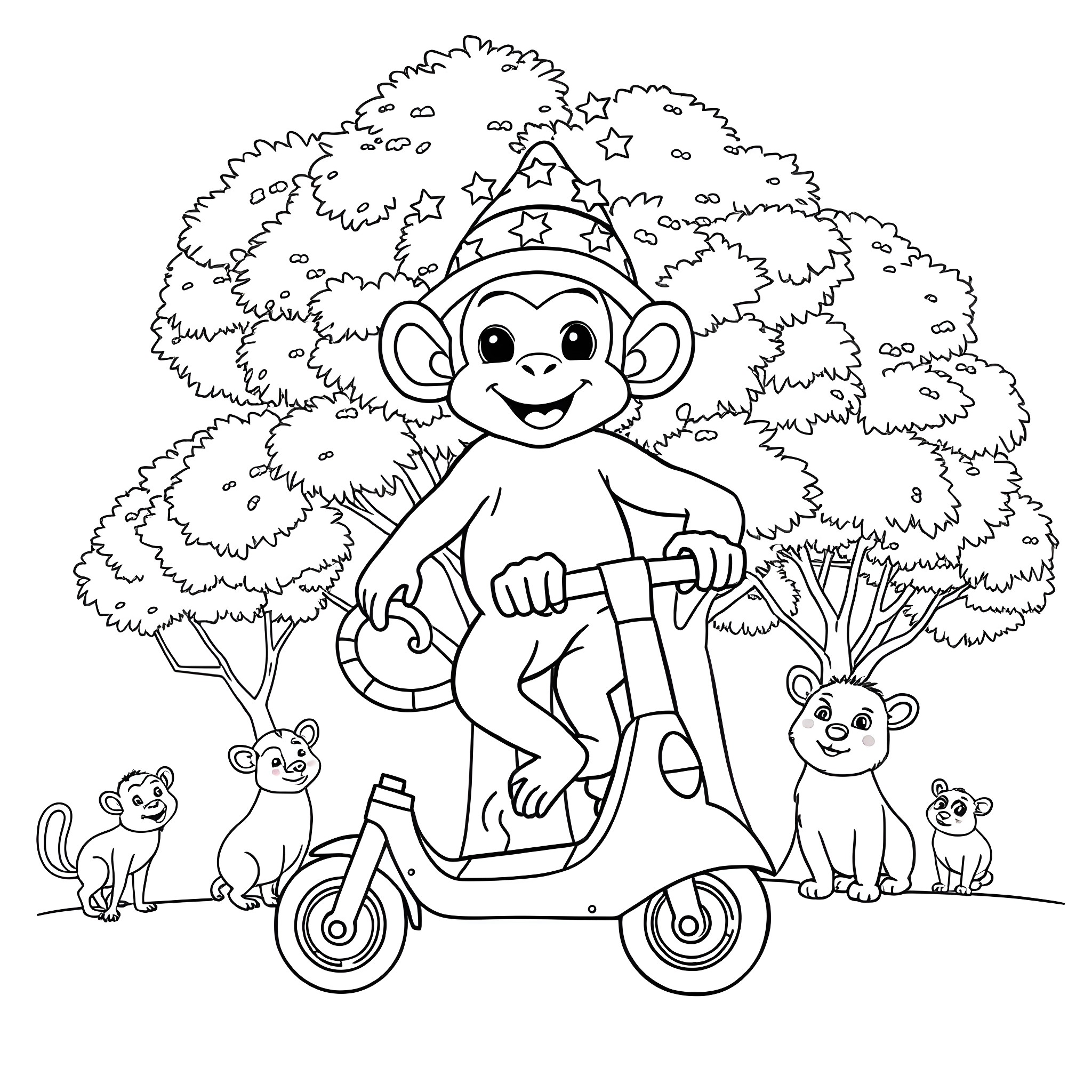 Monkey riding a scooter in the forest with friends Coloring Page (free black-and-white line drawing printable PDF for all, from beginners to advanced learners, including children, teens, adults, and seniors)