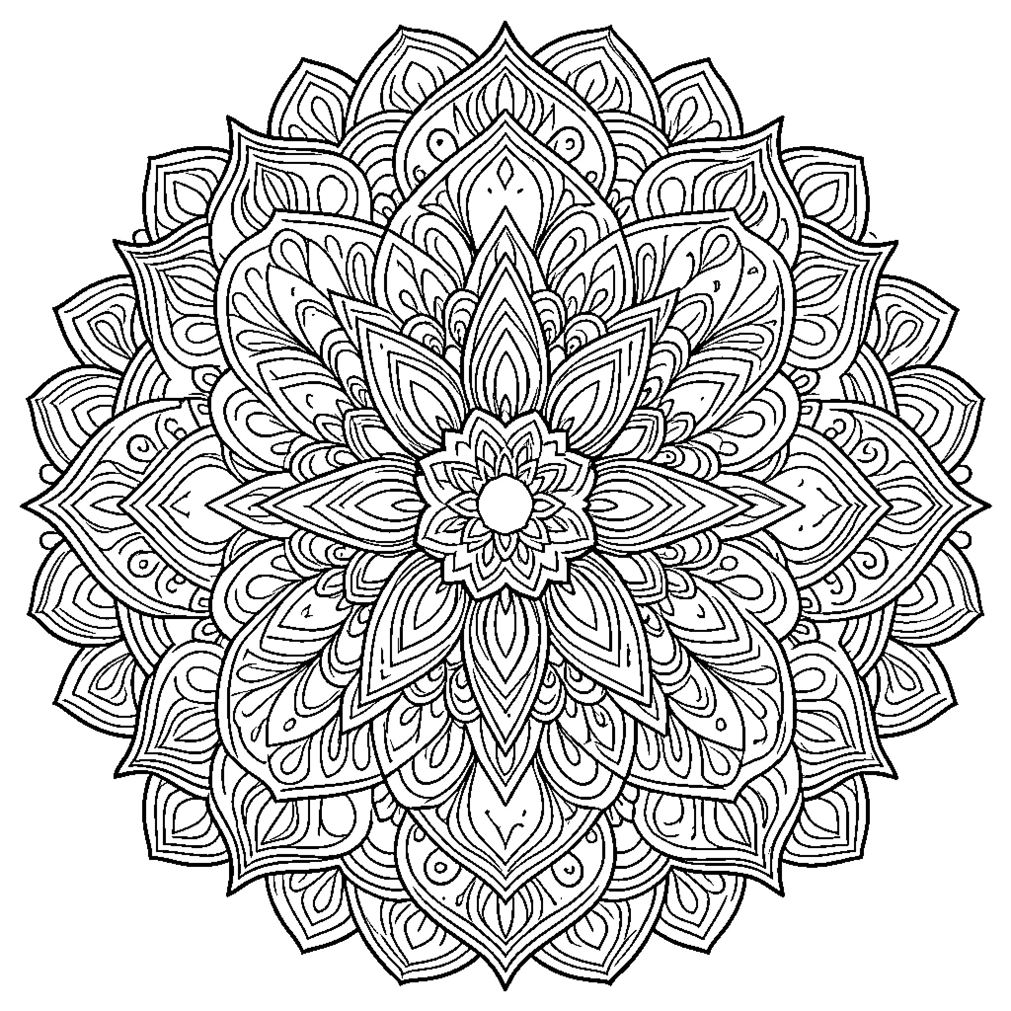 Mandala of intricate floral patterns Coloring Page (free black-and-white line drawing printable PDF for all, from beginners to advanced learners, including children, teens, adults, and seniors)