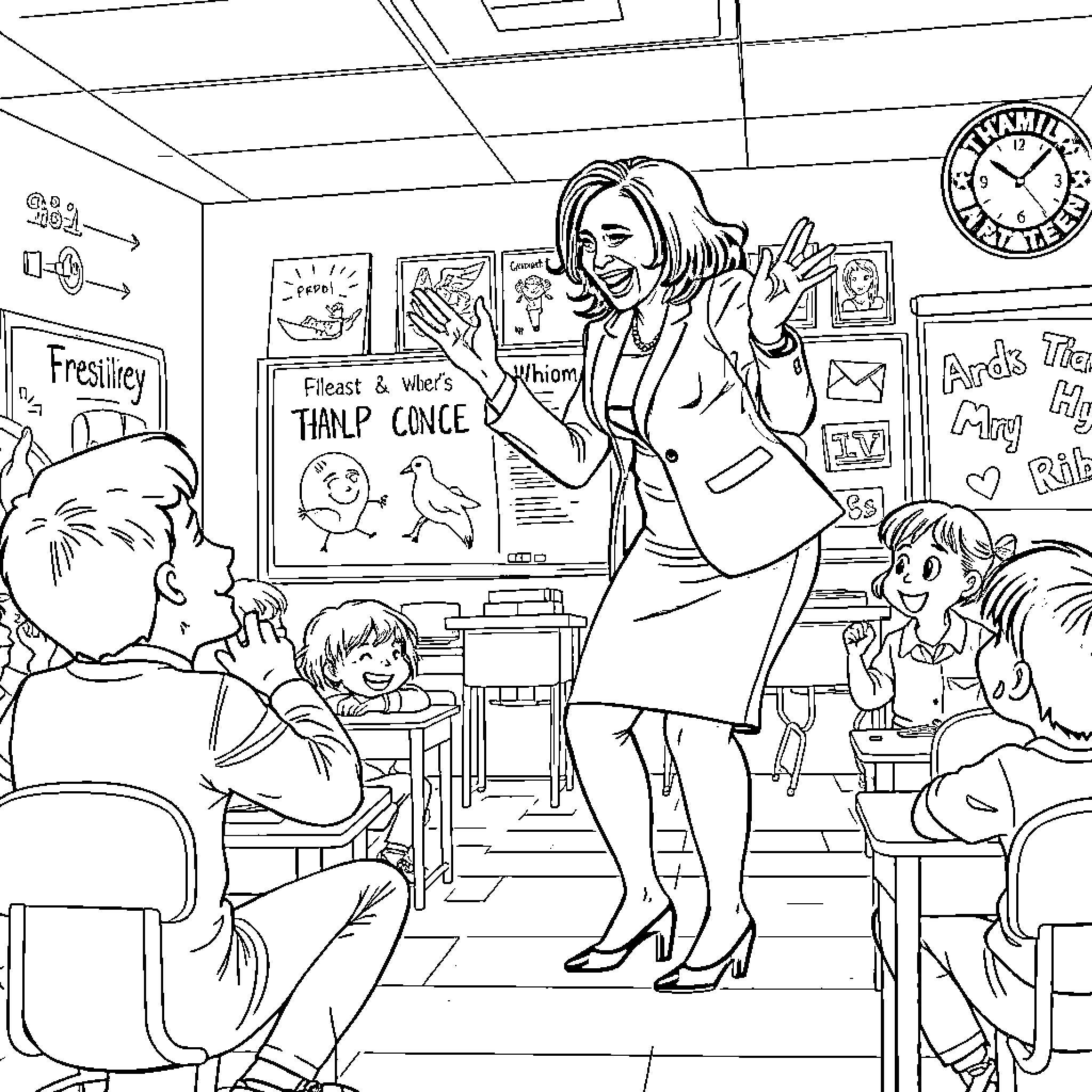 Kamala Harris Addressing Students in a Classroom Coloring Page (free black-and-white line drawing printable PDF for all, from beginners to advanced learners, including children, teens, adults, and seniors)