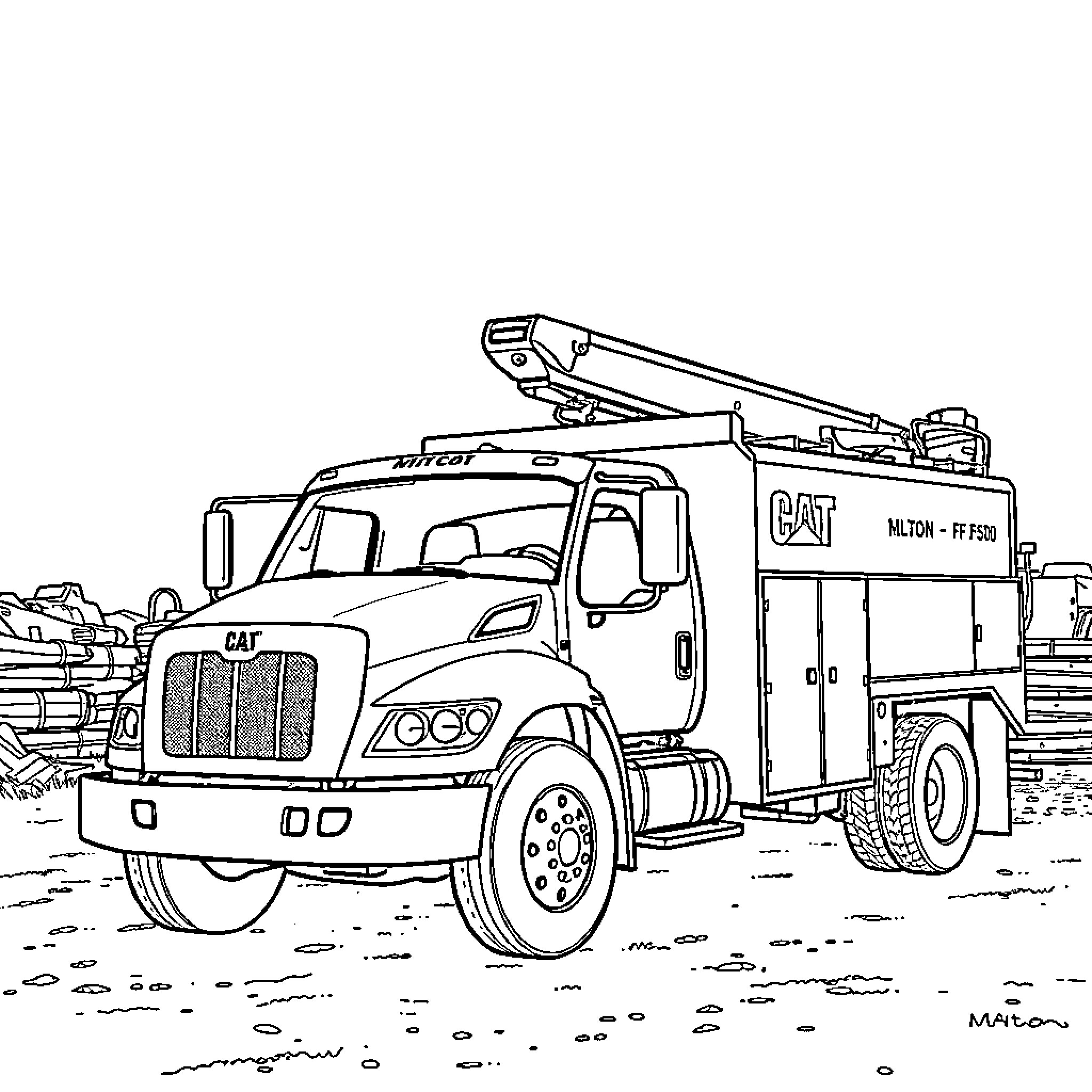 Truck with hydraulic lift in outdoor setting Coloring Page (free black-and-white line drawing printable PDF for all, from beginners to advanced learners, including children, teens, adults, and seniors)