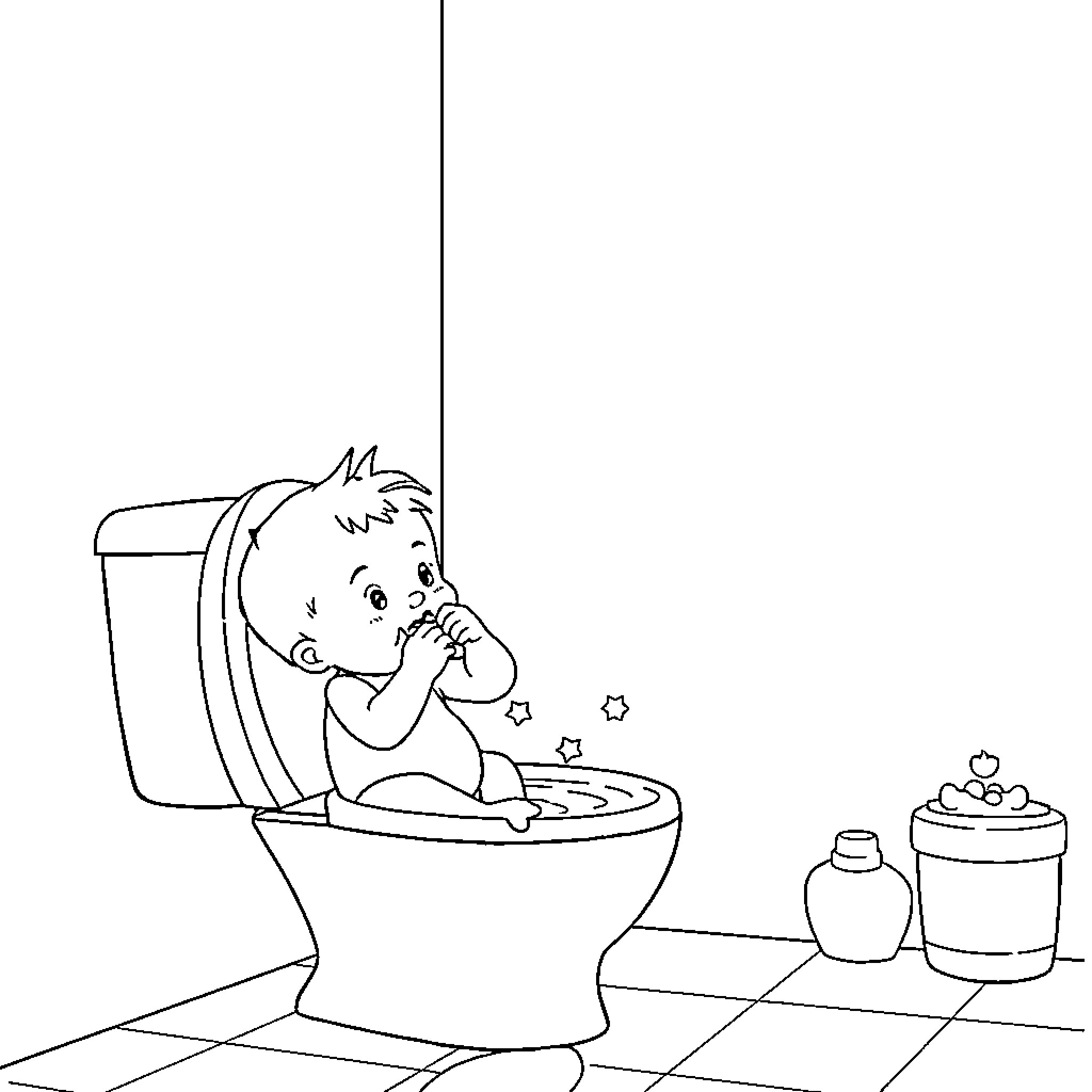 Toilet time for a playful kid Coloring Page (free black-and-white line drawing printable PDF for all, from beginners to advanced learners, including children, teens, adults, and seniors)
