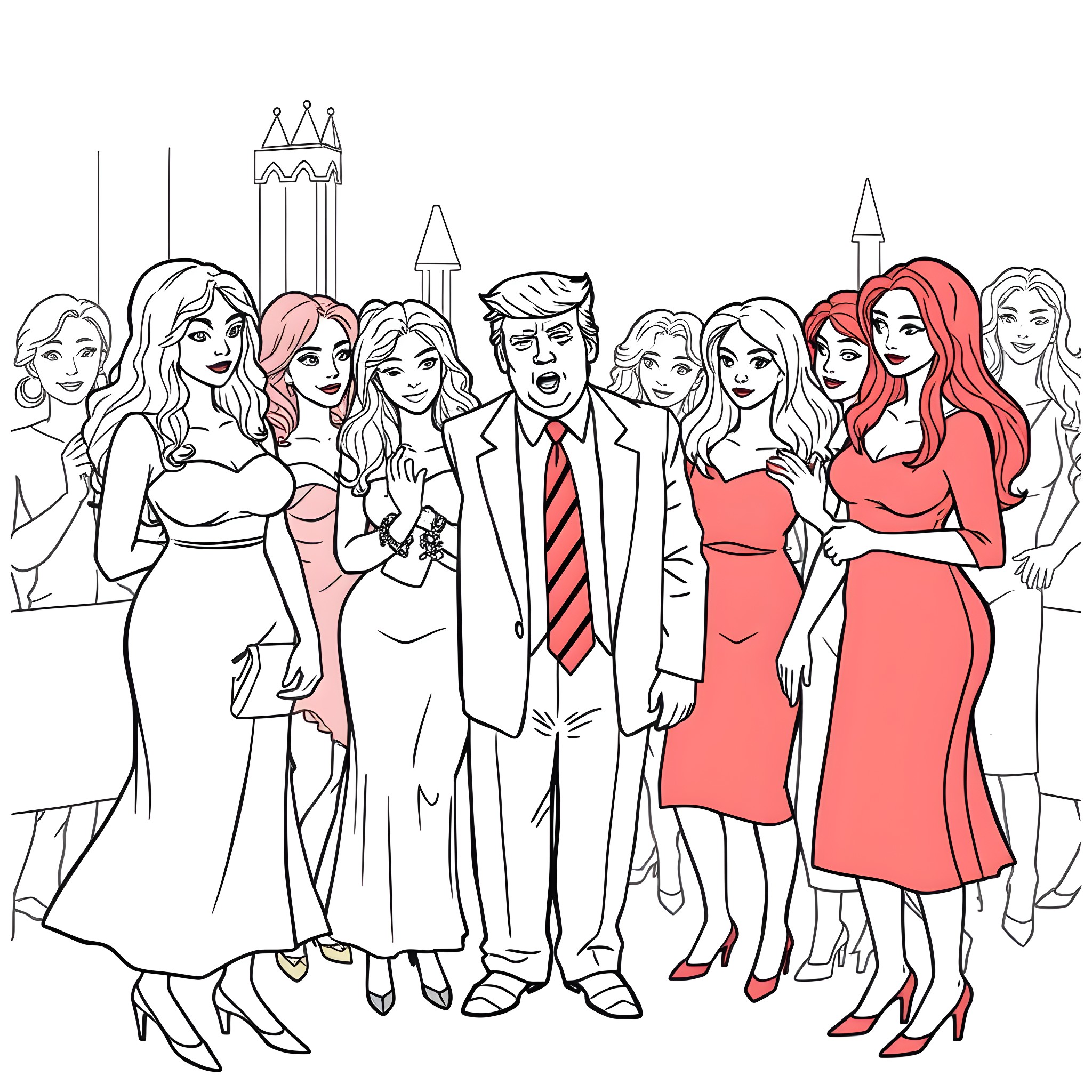 Donald Trump Surrounded by Elegant Ladies in Formal Attire Coloring Page (free black-and-white line drawing printable PDF for all, from beginners to advanced learners, including children, teens, adults, and seniors)
