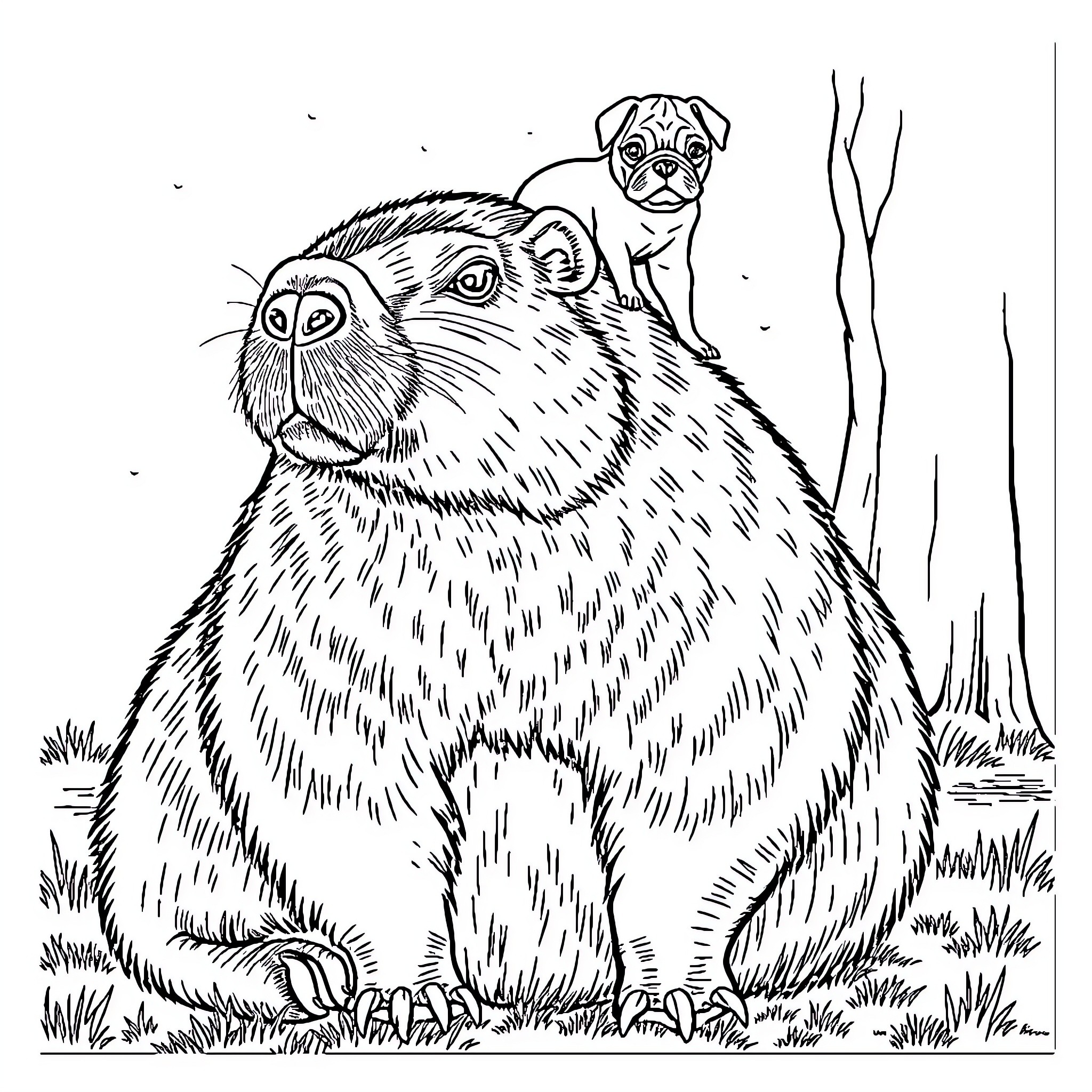 Capybara and Pug Enjoying the Outdoors Coloring Page (free black-and-white line drawing printable PDF for all, from beginners to advanced learners, including children, teens, adults, and seniors)