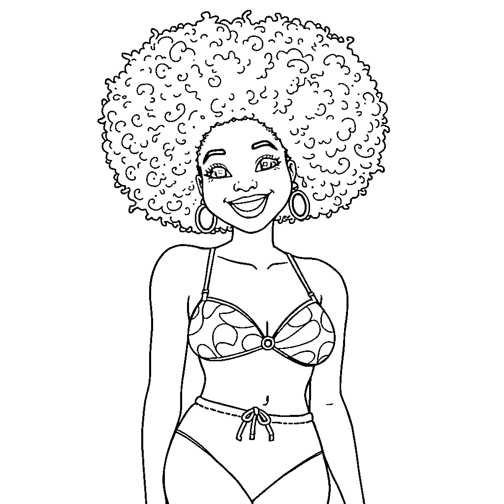 Woman smiling in a bikini with curly hair Coloring Page (free black-and-white line drawing printable PDF for all, from beginners to advanced learners, including children, teens, adults, and seniors)