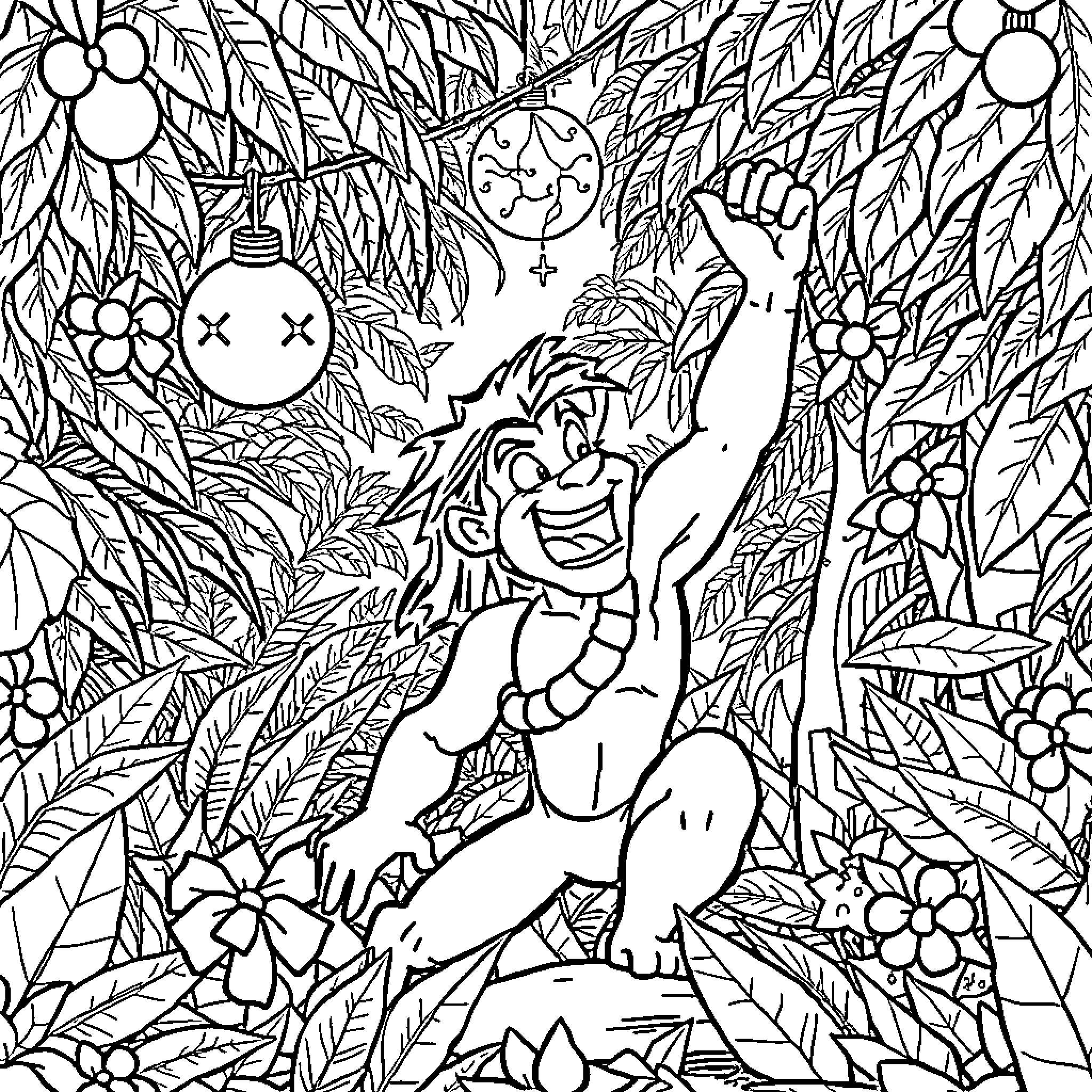 Tarzan joyfully swinging through the lush jungle Coloring Page (free black-and-white line drawing printable PDF for all, from beginners to advanced learners, including children, teens, adults, and seniors)