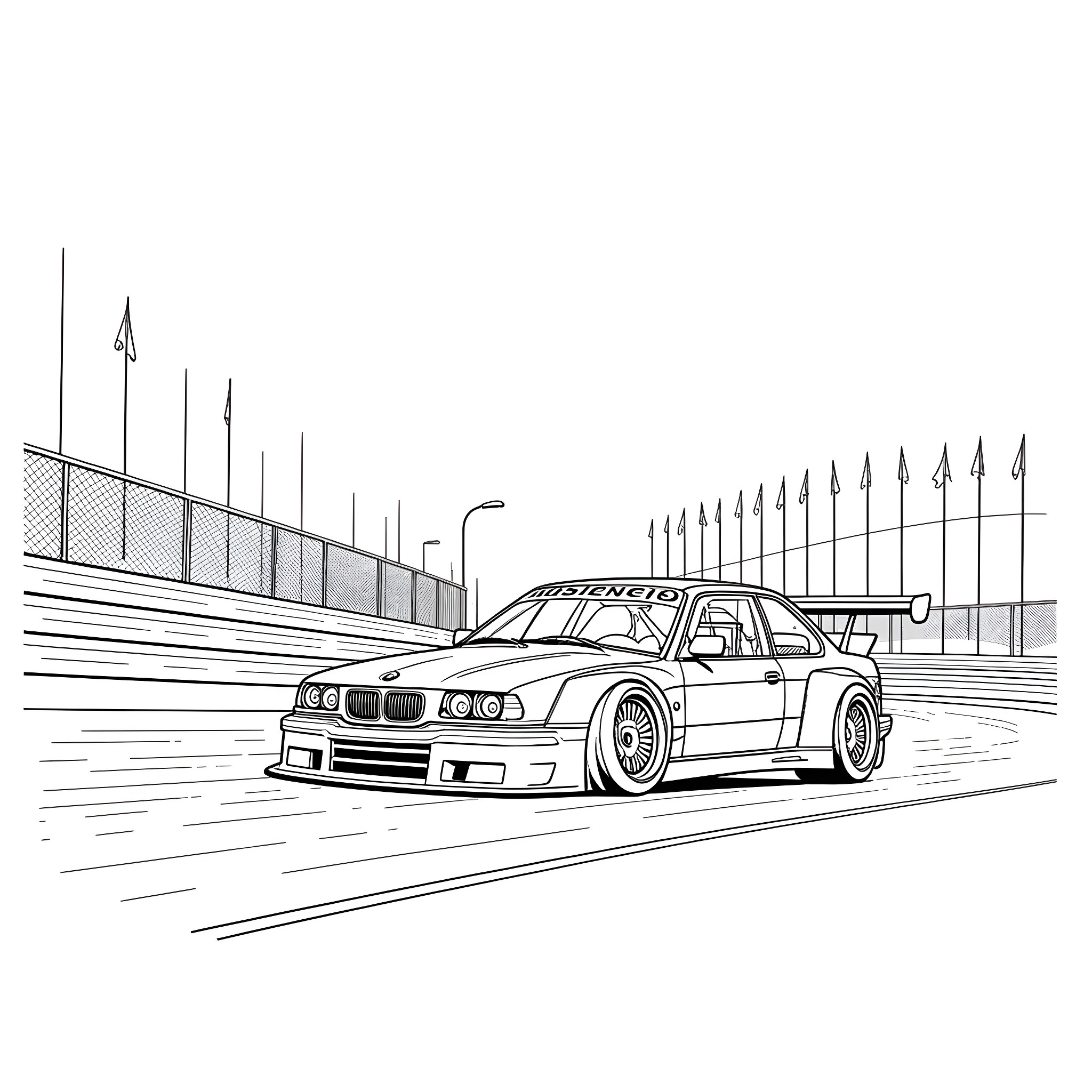 BMW race car speeding on the track Coloring Page (free black-and-white line drawing printable PDF for all, from beginners to advanced learners, including children, teens, adults, and seniors)