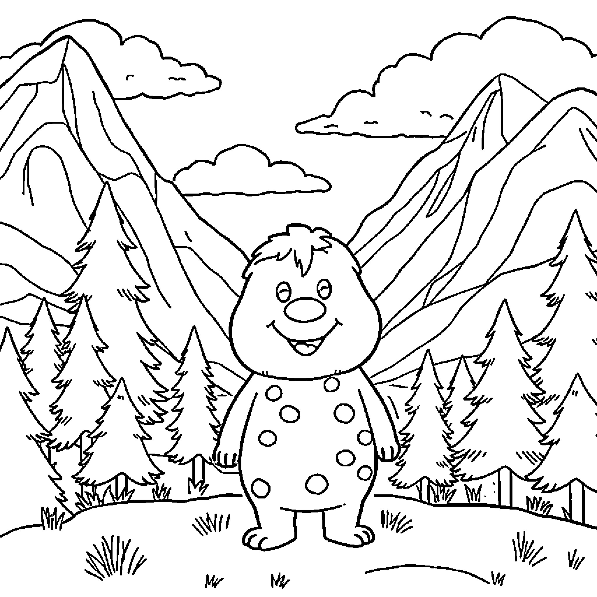 Duggee enjoying a hike in the mountains Coloring Page (free black-and-white line drawing printable PDF for all, from beginners to advanced learners, including children, teens, adults, and seniors)