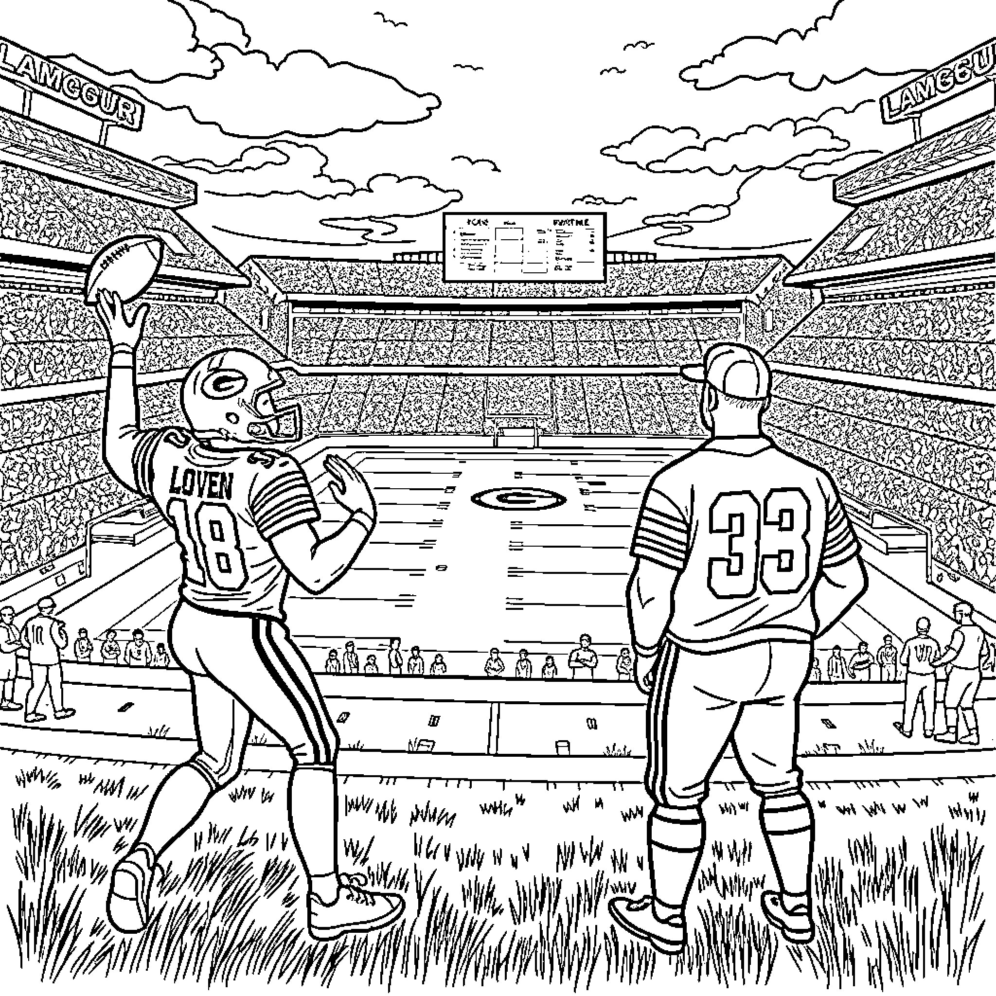 Players competing in a lively sports match Coloring Page (free black-and-white line drawing printable PDF for all, from beginners to advanced learners, including children, teens, adults, and seniors)