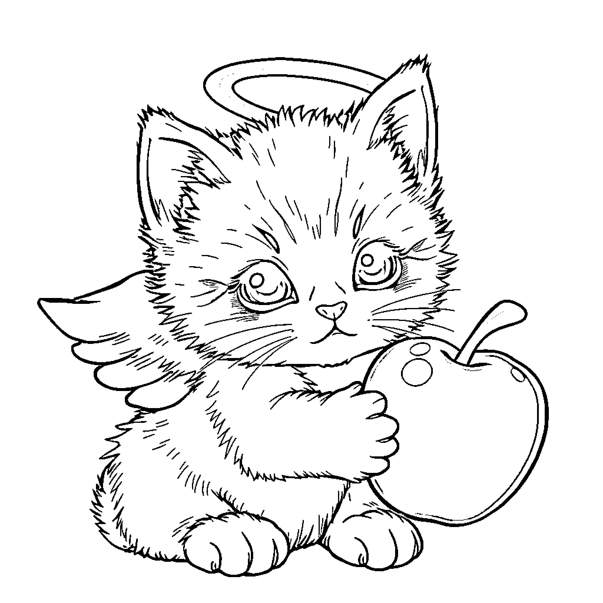 Kitten playing with an apple Coloring Page (free black-and-white line drawing printable PDF for all, from beginners to advanced learners, including children, teens, adults, and seniors)