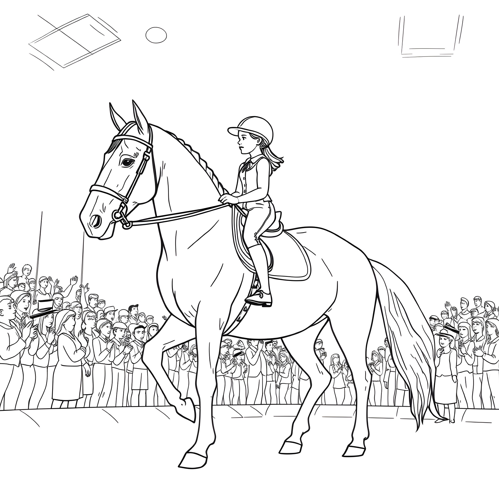 Girl riding horse in front of cheering crowd Coloring Page (free black-and-white line drawing printable PDF for all, from beginners to advanced learners, including children, teens, adults, and seniors)
