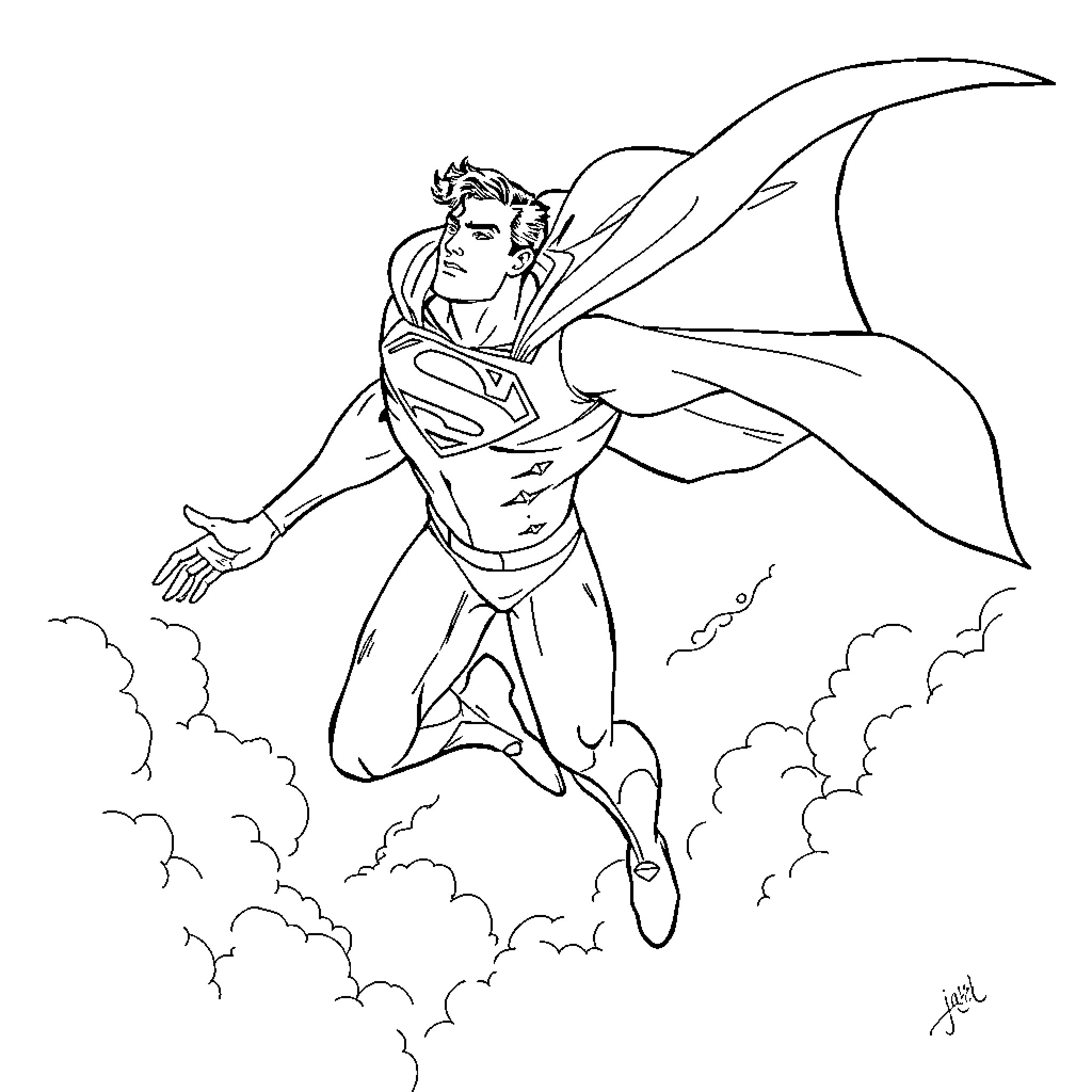 Superman Flying Through the Clouds Coloring Page (free black-and-white line drawing printable PDF for all, from beginners to advanced learners, including children, teens, adults, and seniors)