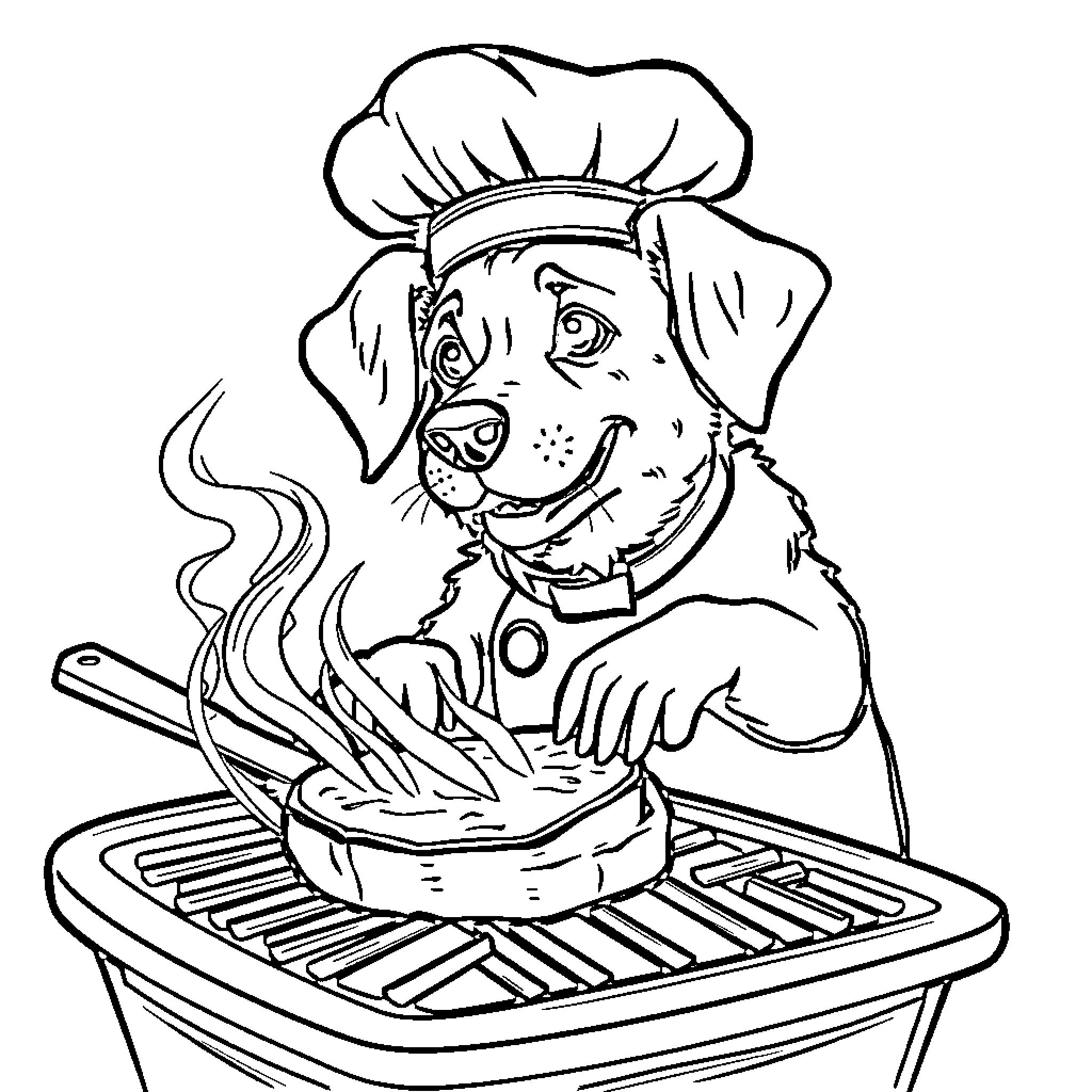 Dog cooking a tasty meal on the grill Coloring Page (free black-and-white line drawing printable PDF for all, from beginners to advanced learners, including children, teens, adults, and seniors)