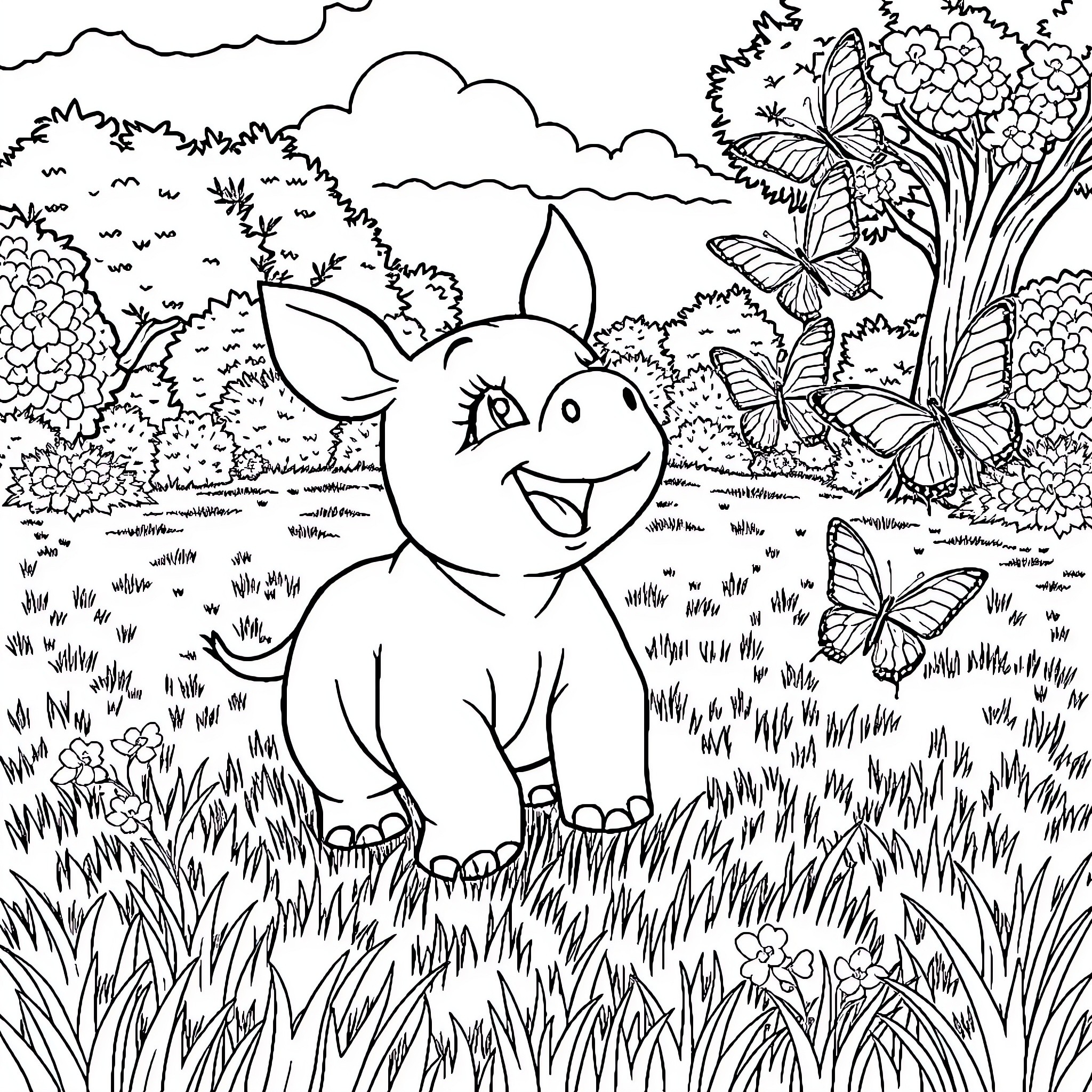 Rhia's Adventure in the Enchanted Forest Coloring Page (free black-and-white line drawing printable PDF for all, from beginners to advanced learners, including children, teens, adults, and seniors)