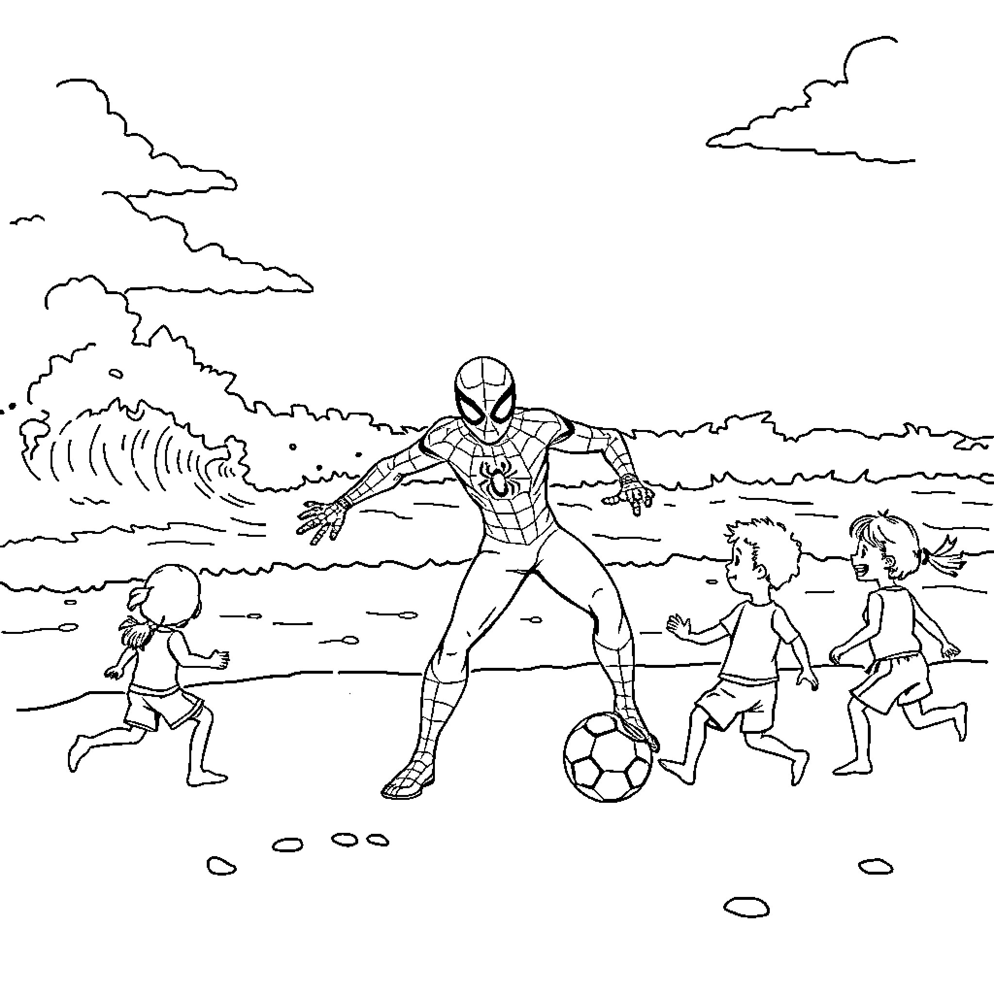 Spiderman playing soccer with kids on the beach Coloring Page (free black-and-white line drawing printable PDF for all, from beginners to advanced learners, including children, teens, adults, and seniors)
