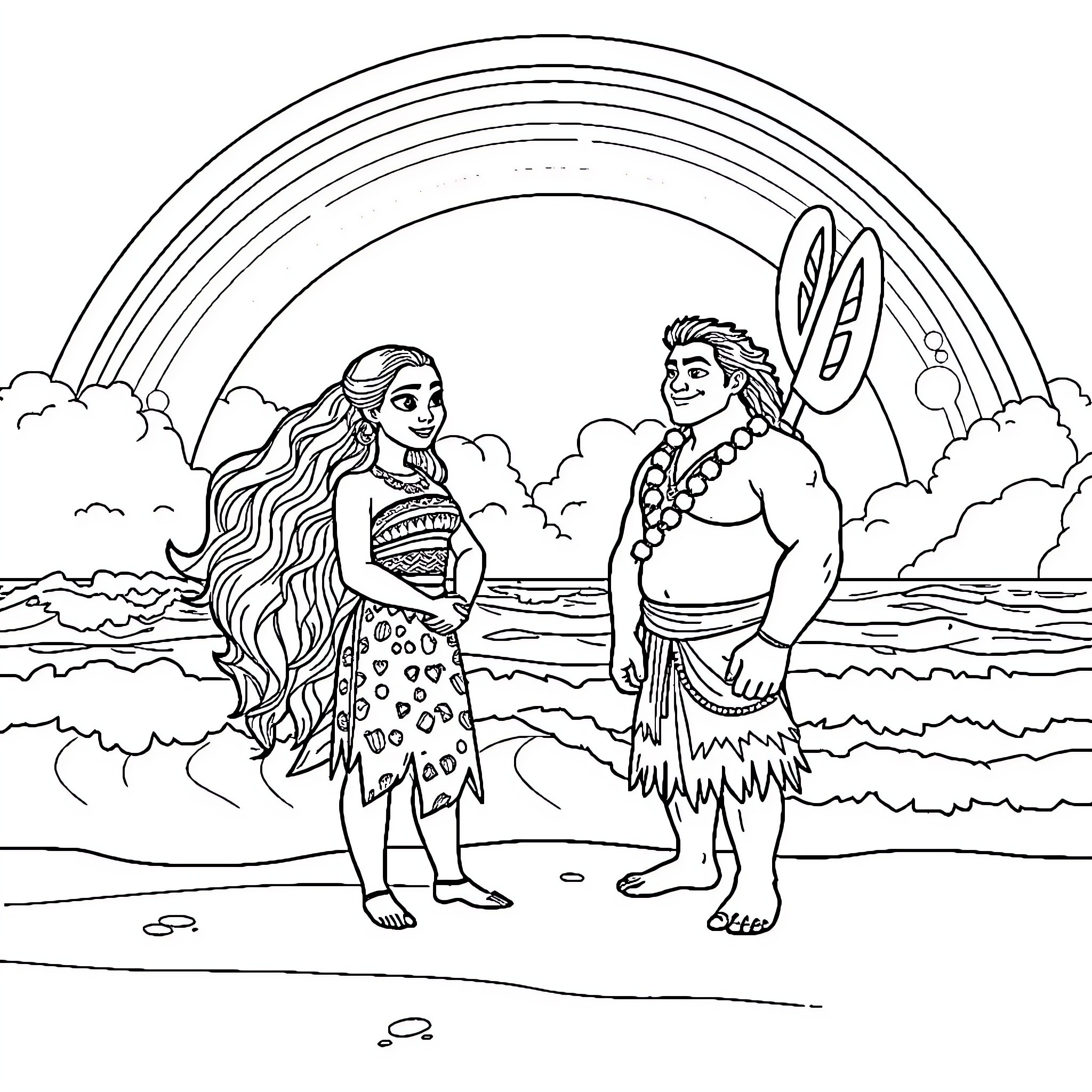 Moana and Maui on the beach with a rainbow Coloring Page (free black-and-white line drawing printable PDF for all, from beginners to advanced learners, including children, teens, adults, and seniors)
