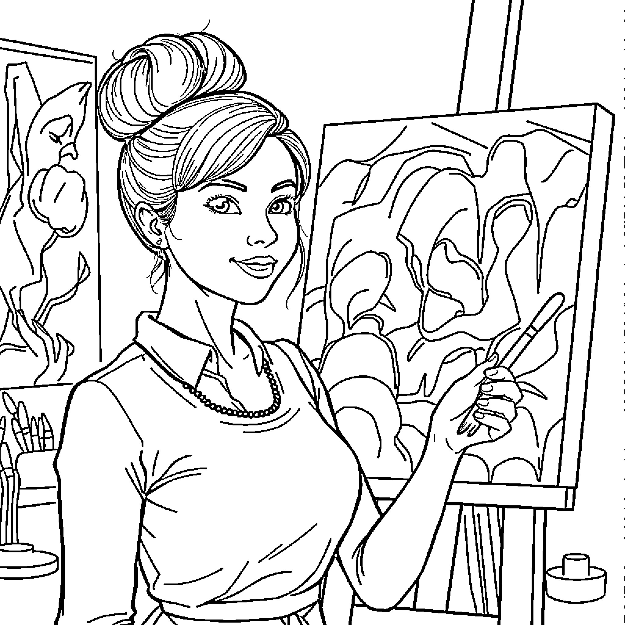Art Teacher Creatively Inspiring Students Coloring Page (free black-and-white line drawing printable PDF for all, from beginners to advanced learners, including children, teens, adults, and seniors)
