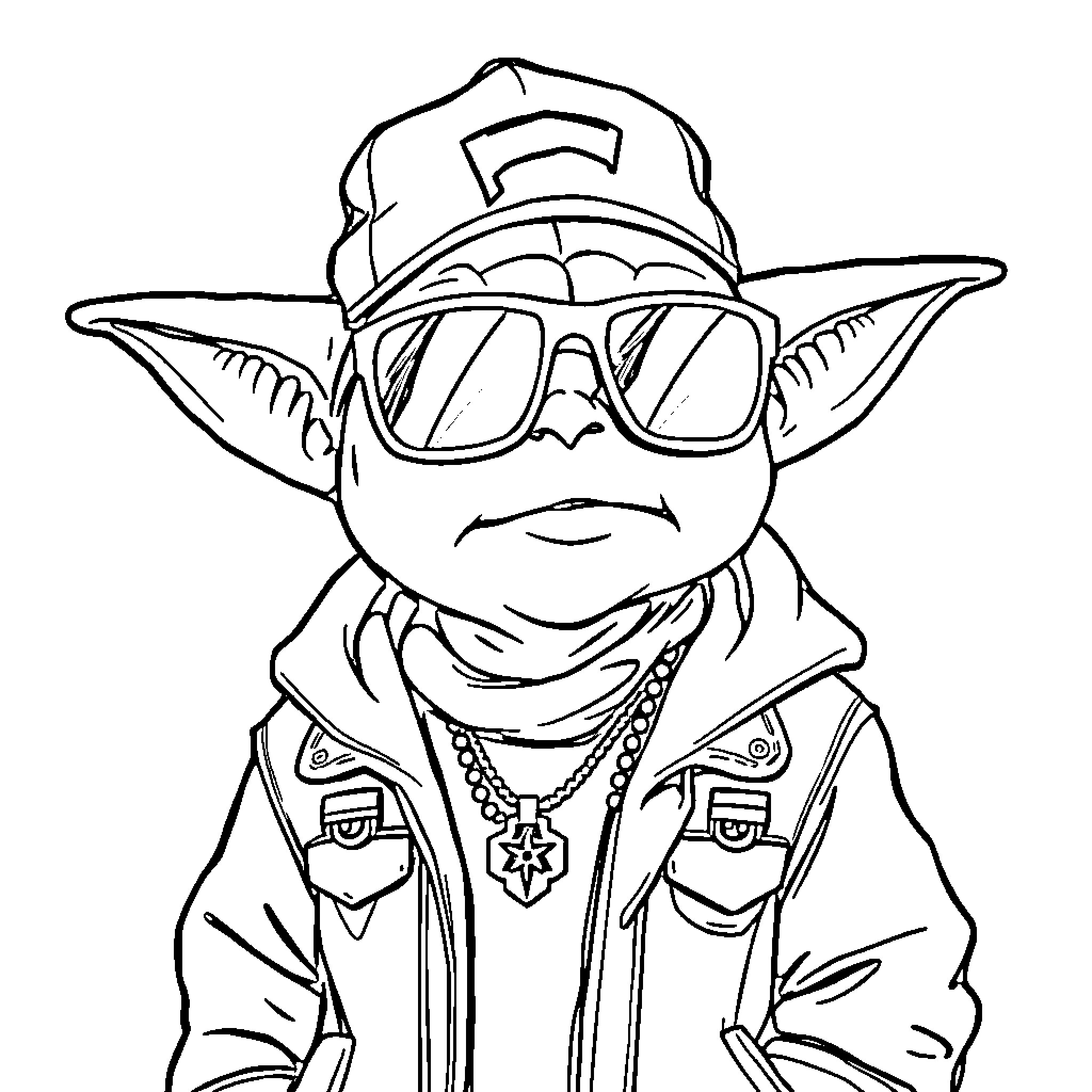 Yoda wearing hip-hop attire and accessories Coloring Page (free black-and-white line drawing printable PDF for all, from beginners to advanced learners, including children, teens, adults, and seniors)