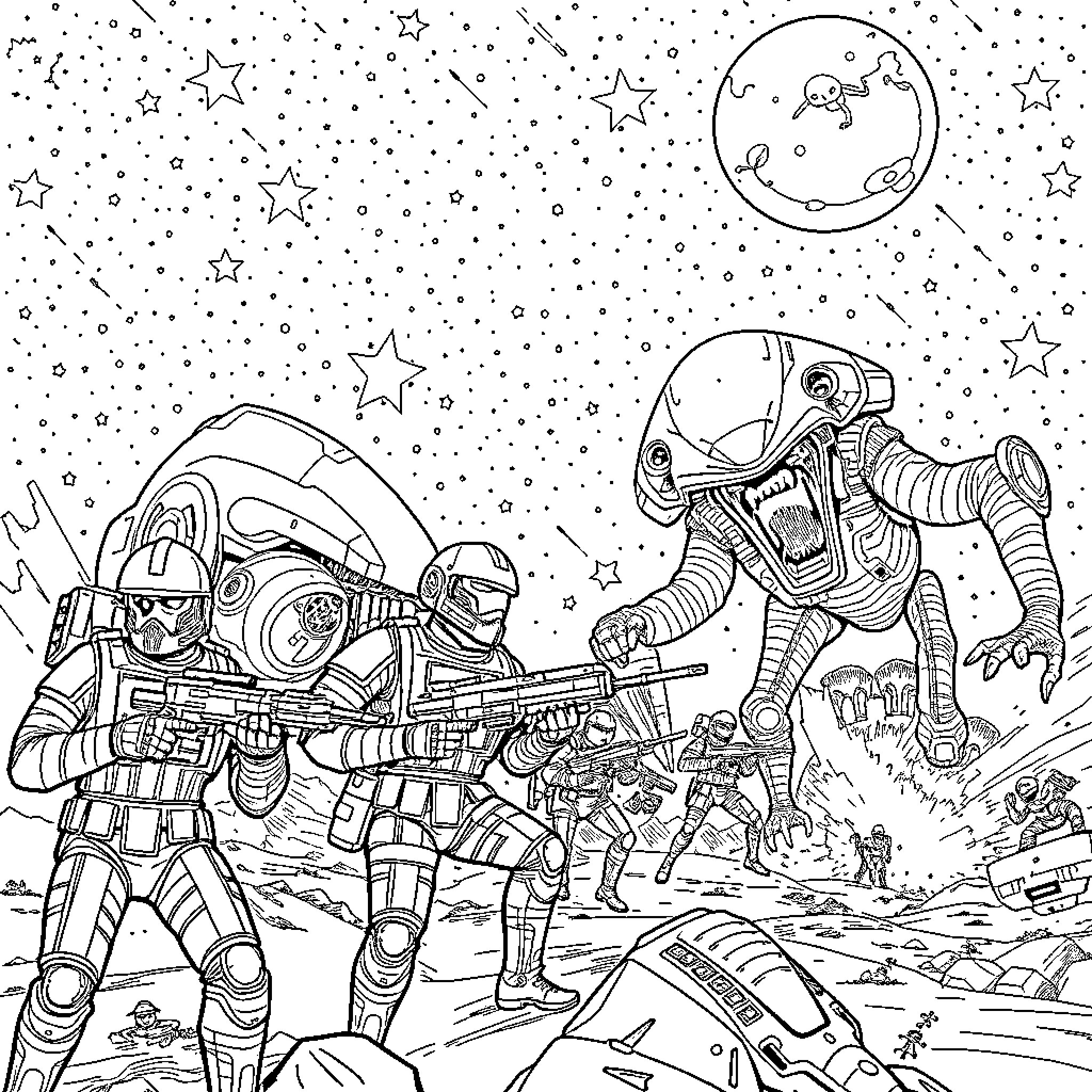 Star Ship Troopers in Futuristic Battle on Alien Planet Coloring Page (free black-and-white line drawing printable PDF for all, from beginners to advanced learners, including children, teens, adults, and seniors)