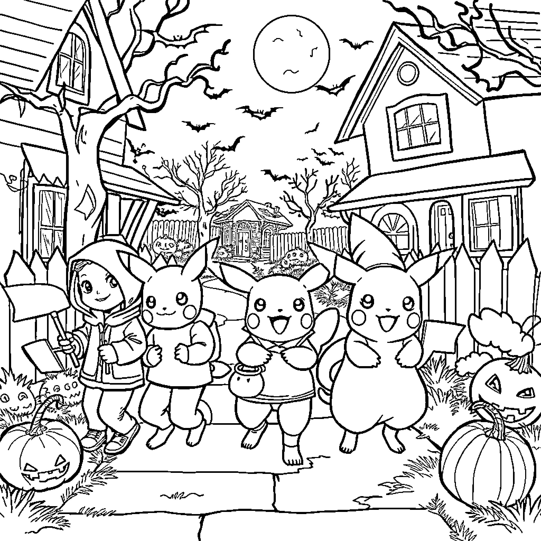 Pokémon characters celebrating Halloween in the neighborhood Coloring Page (free black-and-white line drawing printable PDF for all, from beginners to advanced learners, including children, teens, adults, and seniors)