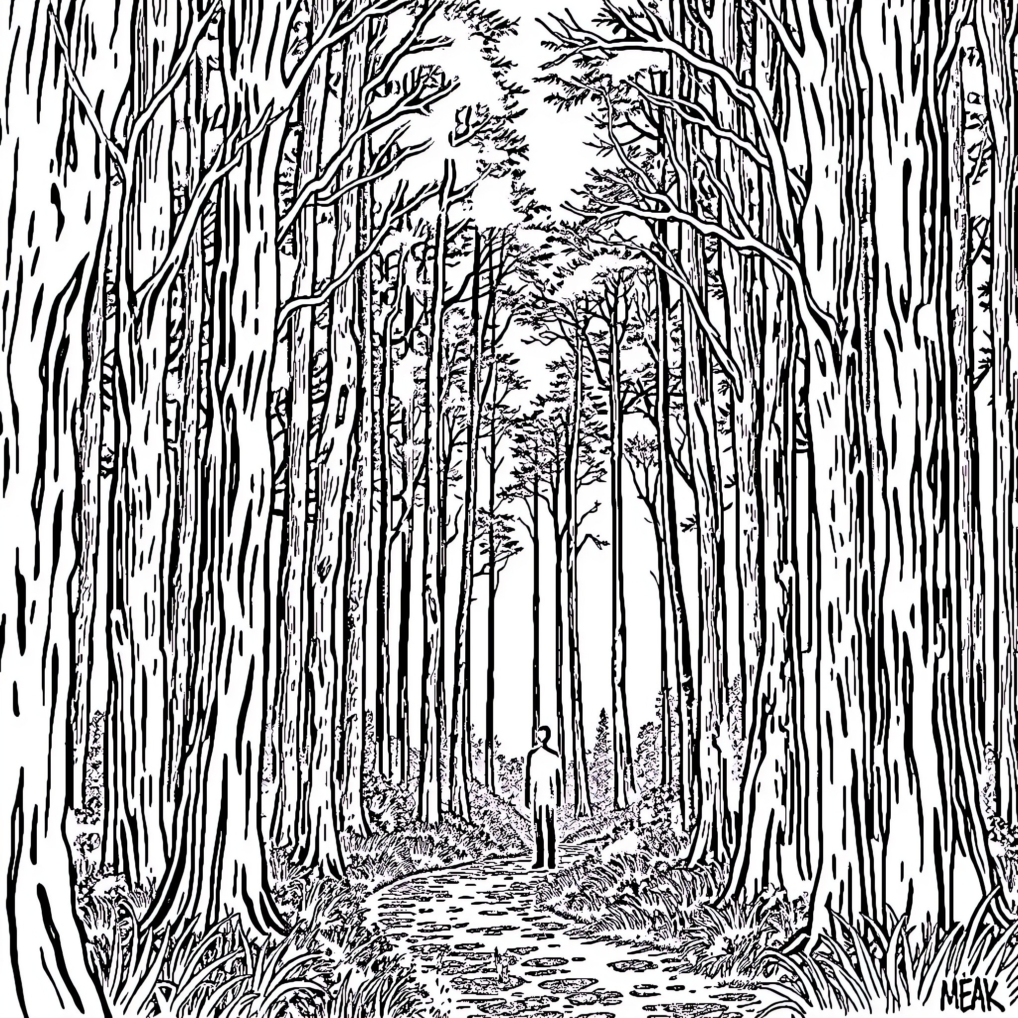 Slenderman walking alone in the dark, mysterious forest Coloring Page (free black-and-white line drawing printable PDF for all, from beginners to advanced learners, including children, teens, adults, and seniors)