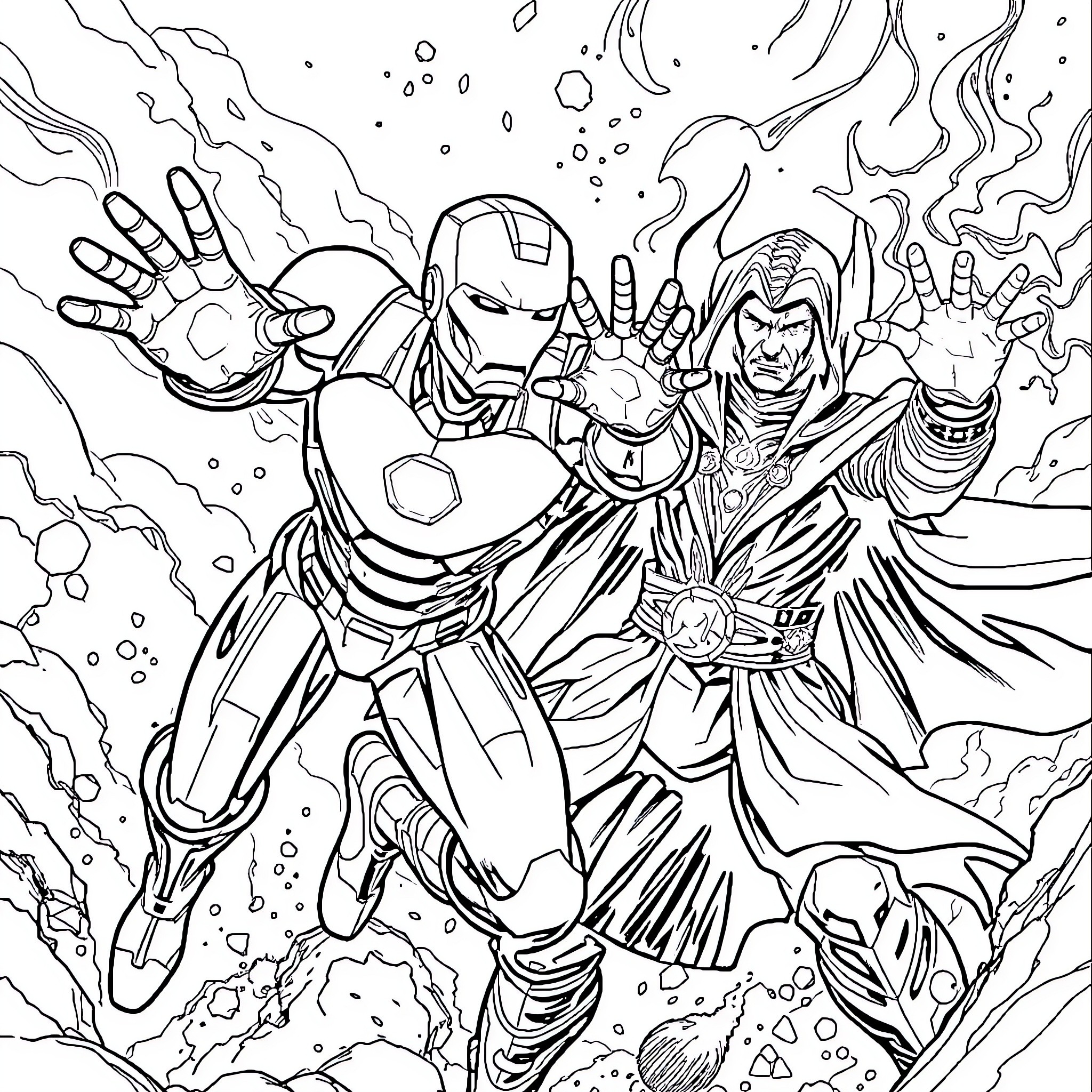 Iron Man and Mighty Superheroes in Action Coloring Page (free black-and-white line drawing printable PDF for all, from beginners to advanced learners, including children, teens, adults, and seniors)