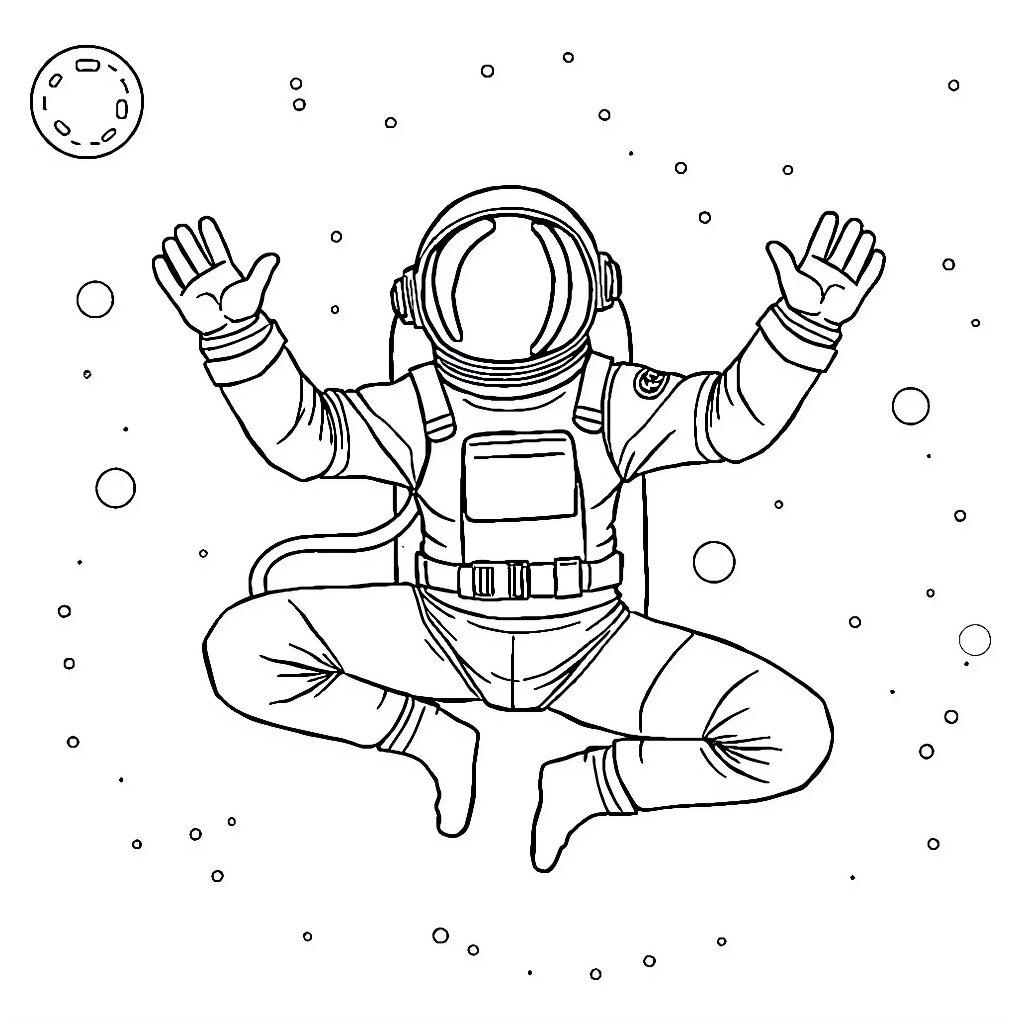 Astronaut performing yoga in space Coloring Page (free black-and-white line drawing printable PDF for all, from beginners to advanced learners, including children, teens, adults, and seniors)