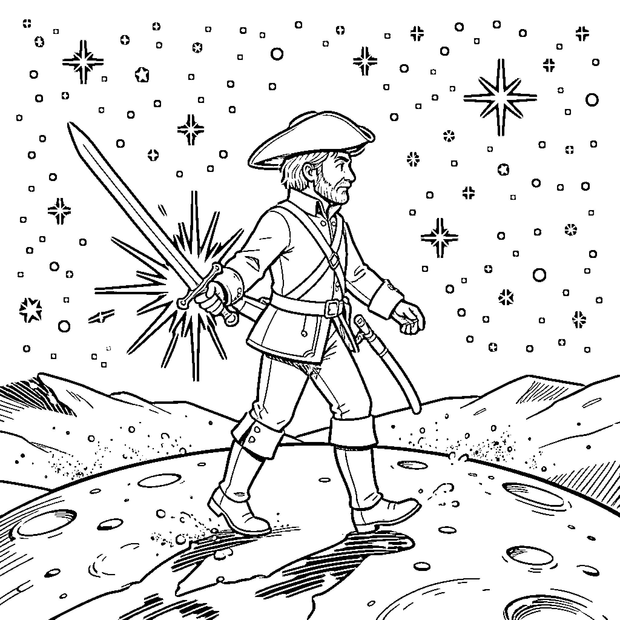 Mosquetero brandishing sword in snowy landscape Coloring Page (free black-and-white line drawing printable PDF for all, from beginners to advanced learners, including children, teens, adults, and seniors)