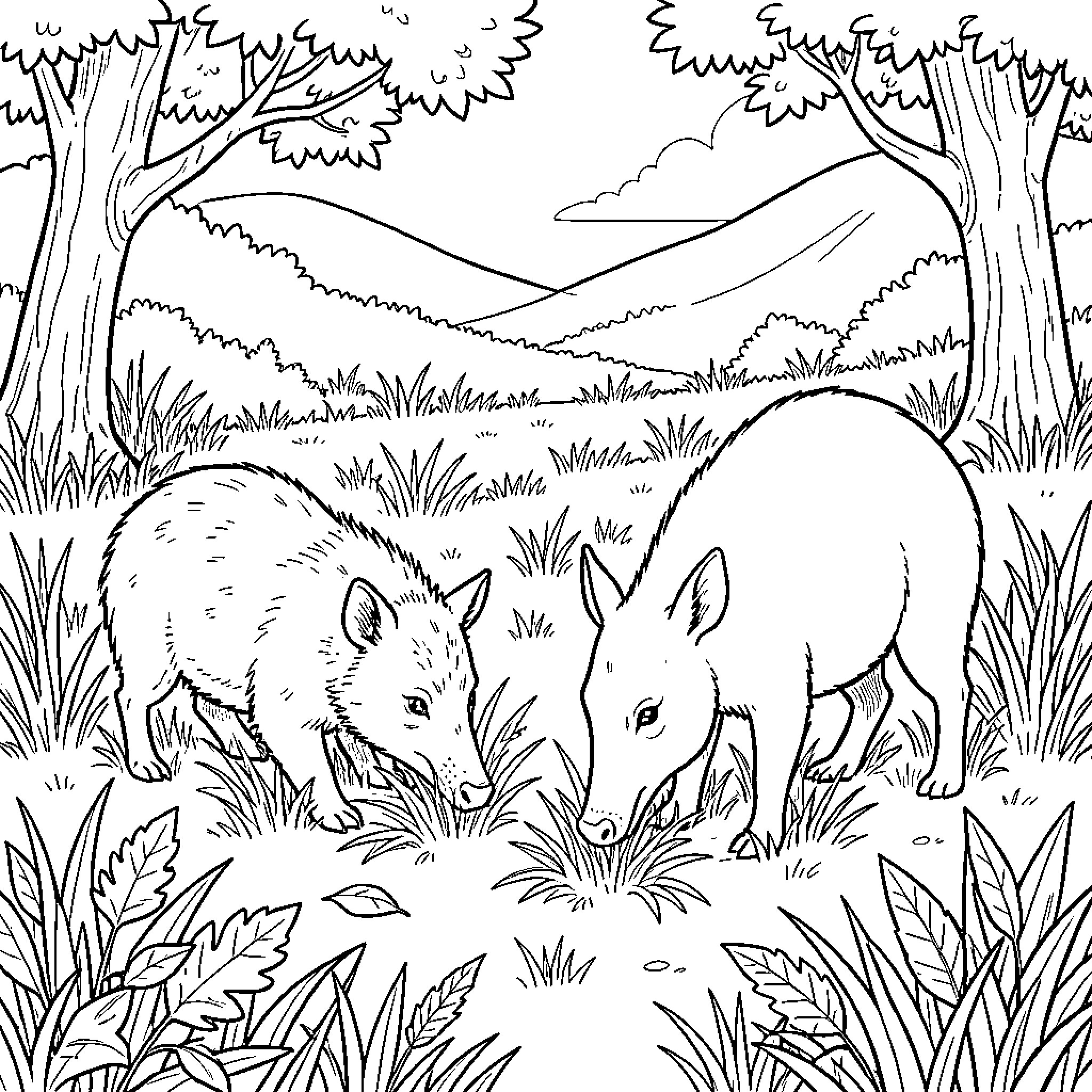 Herbivore animals foraging together in a grassy meadow Coloring Page (free black-and-white line drawing printable PDF for all, from beginners to advanced learners, including children, teens, adults, and seniors)