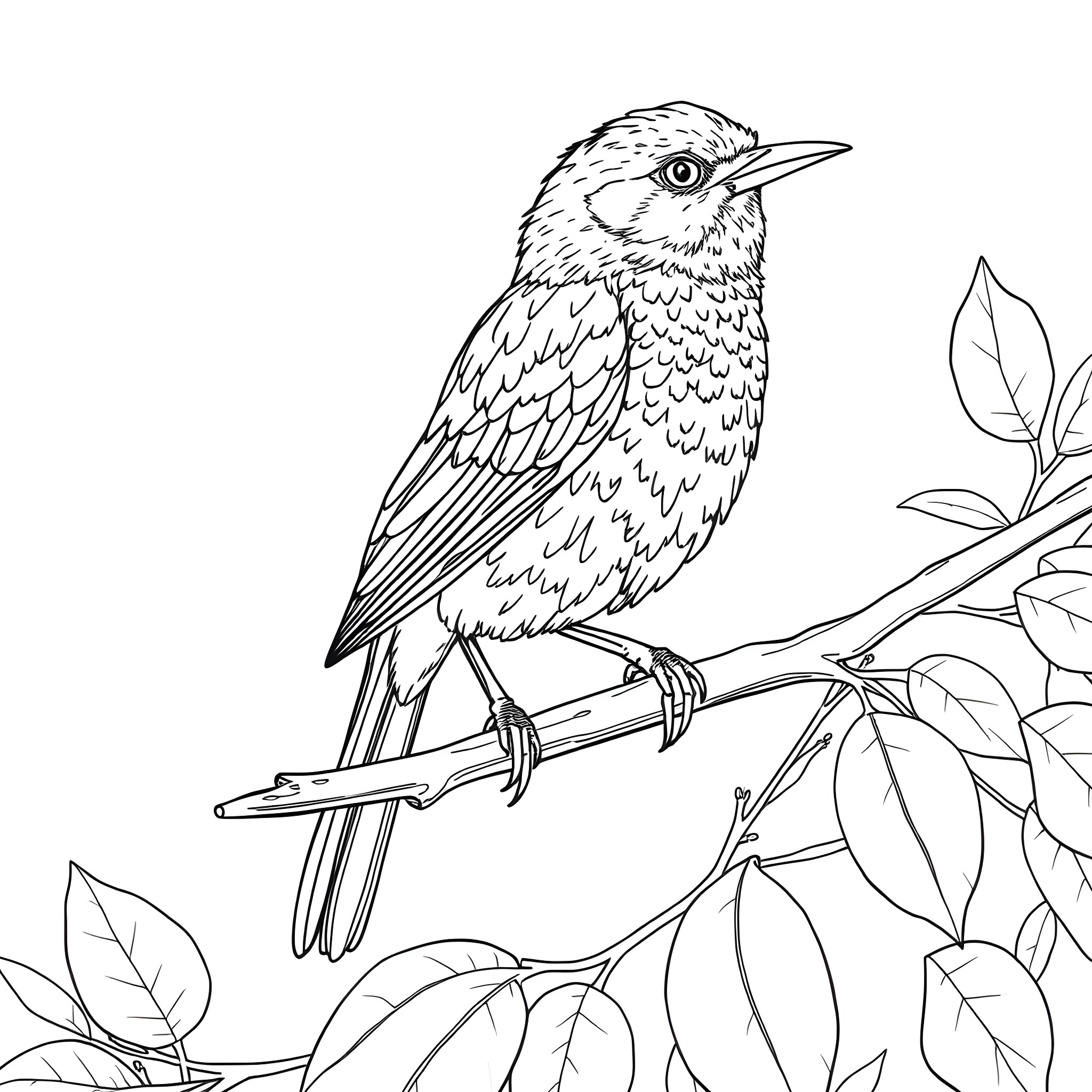Setophaga Petechia perching on a branch with leaves Coloring Page (free black-and-white line drawing printable PDF for all, from beginners to advanced learners, including children, teens, adults, and seniors)