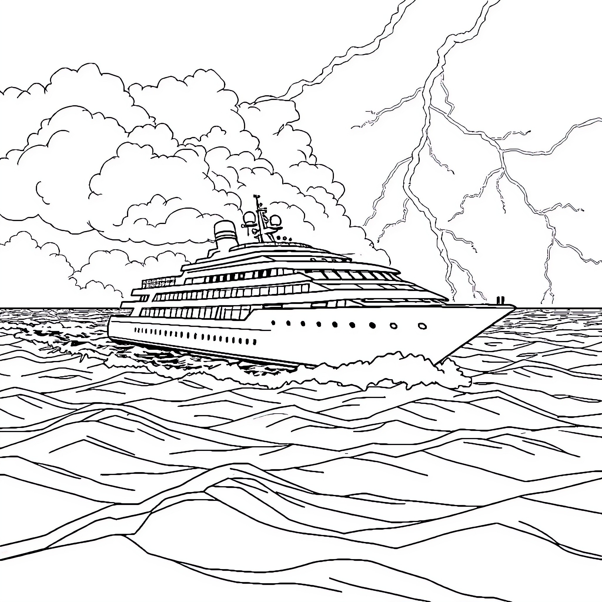 Cruise Ship Navigating Stormy Seas Coloring Page (free black-and-white line drawing printable PDF for all, from beginners to advanced learners, including children, teens, adults, and seniors)