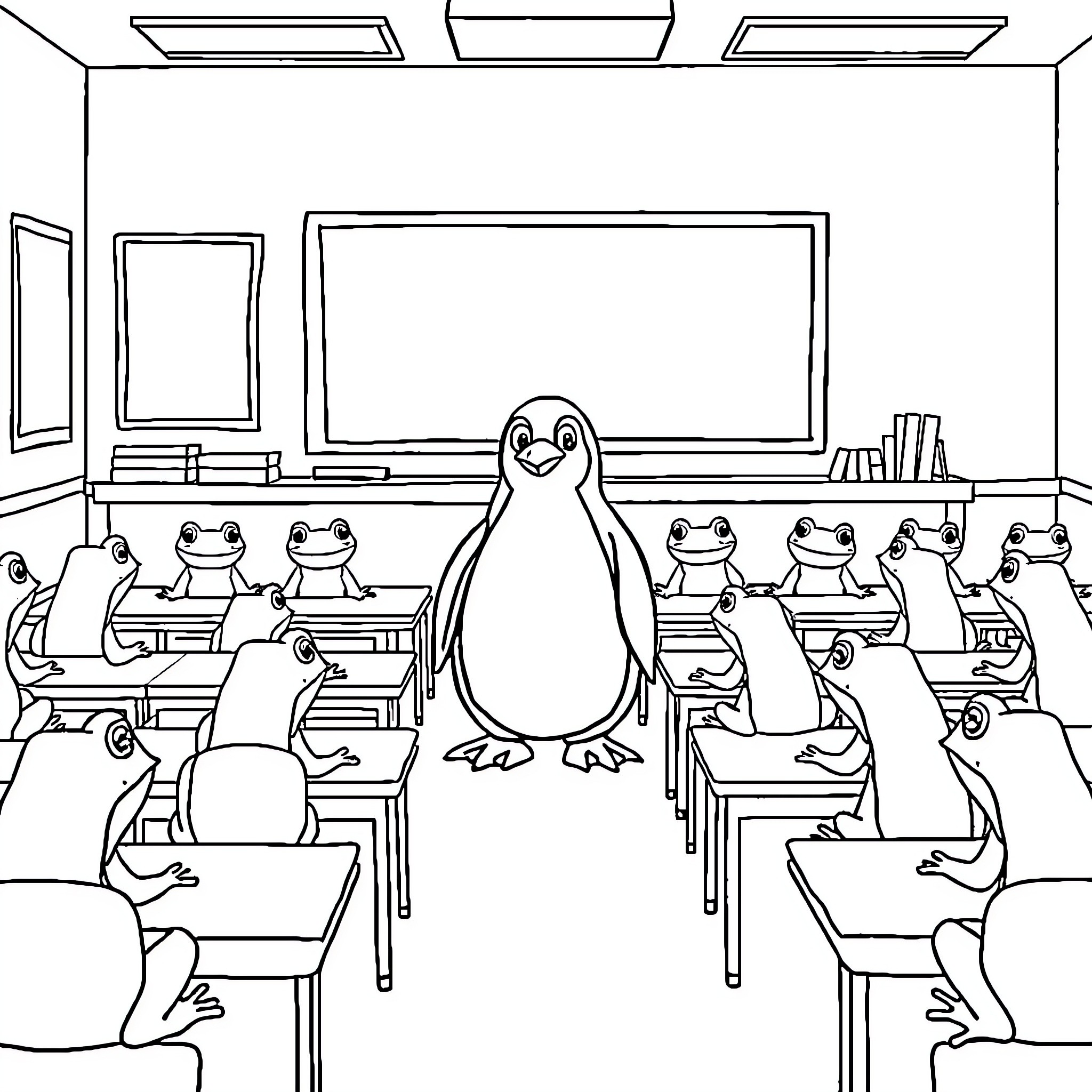 Penguin teaching happy frog students in classroom Coloring Page (free black-and-white line drawing printable PDF for all, from beginners to advanced learners, including children, teens, adults, and seniors)