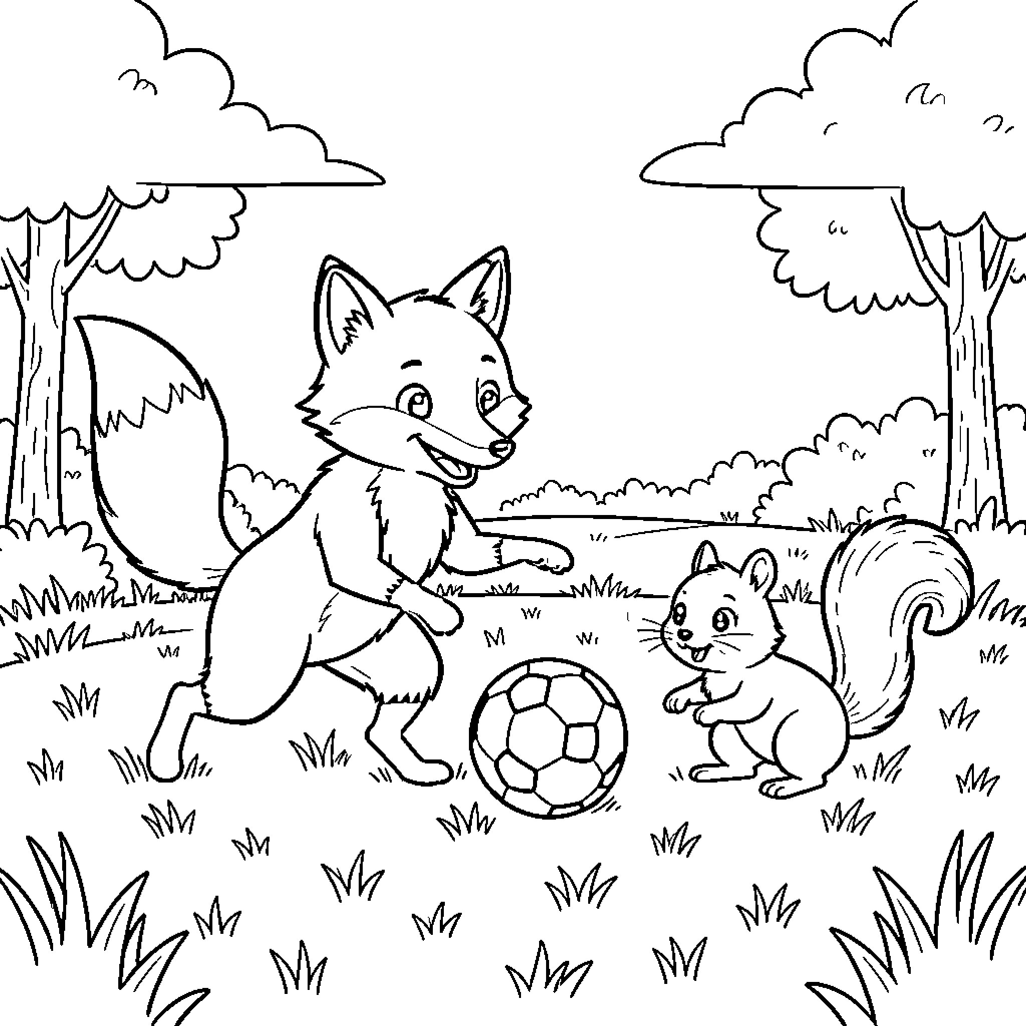 Fox playing soccer with a squirrel in a field Coloring Page (free black-and-white line drawing printable PDF for all, from beginners to advanced learners, including children, teens, adults, and seniors)
