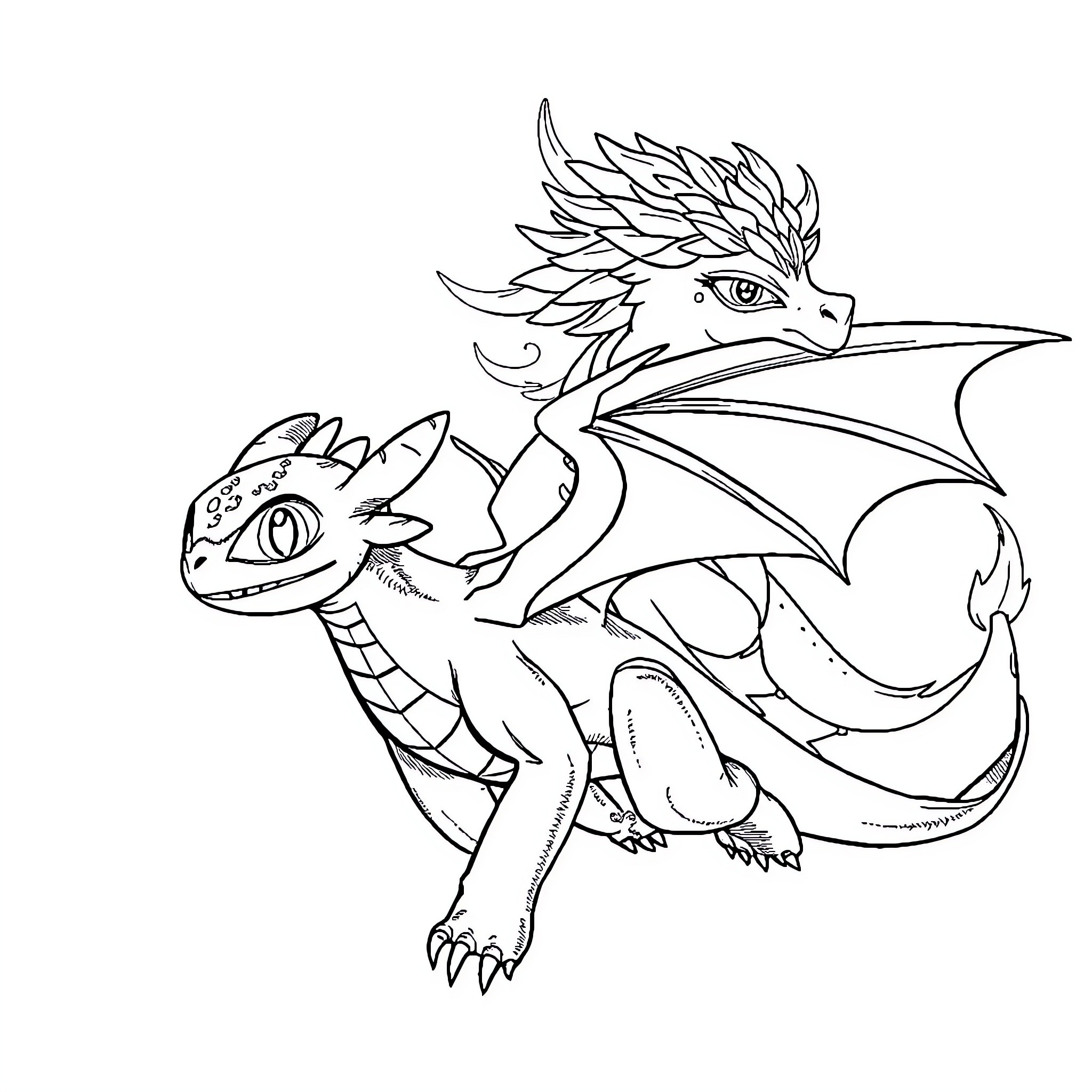 Toothless dragons in playful poses Coloring Page (free black-and-white line drawing printable PDF for all, from beginners to advanced learners, including children, teens, adults, and seniors)