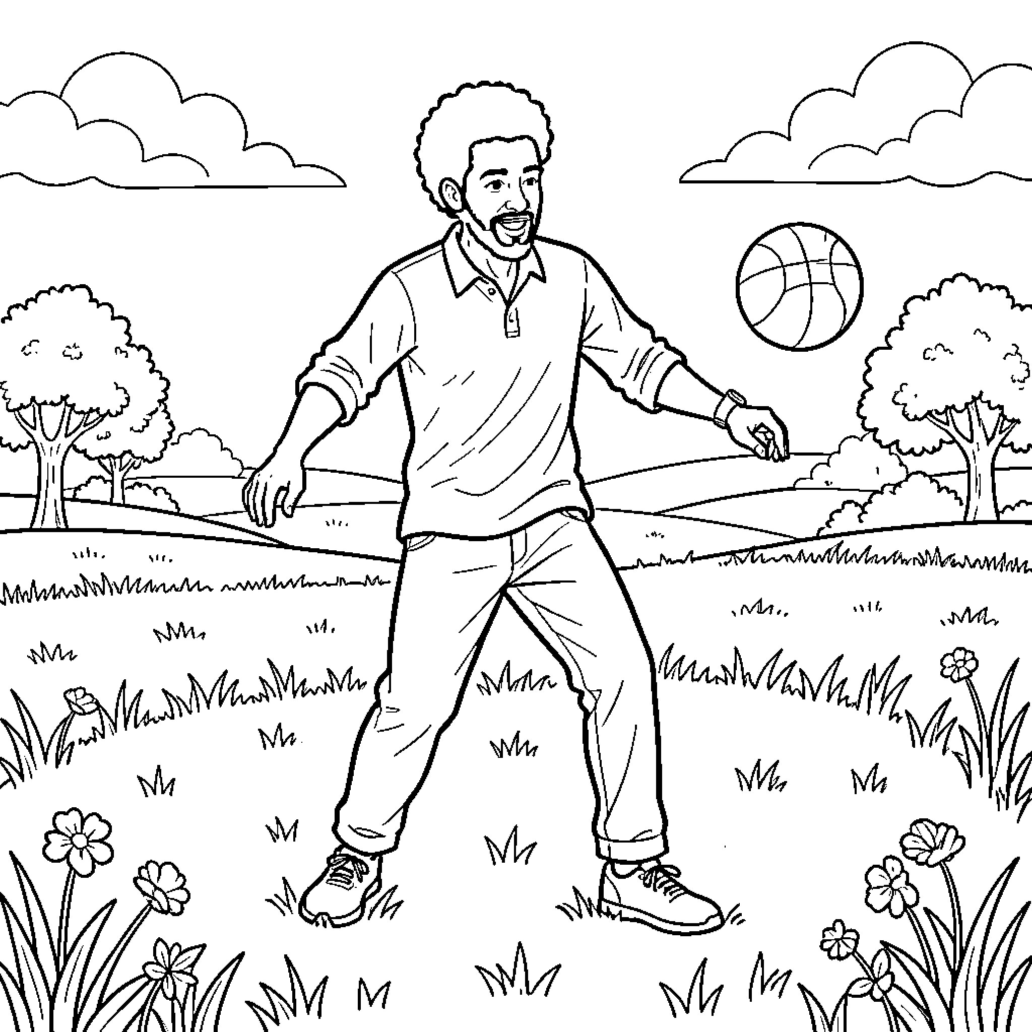 Matoub Lounes playing with a ball in a field Coloring Page (free black-and-white line drawing printable PDF for all, from beginners to advanced learners, including children, teens, adults, and seniors)