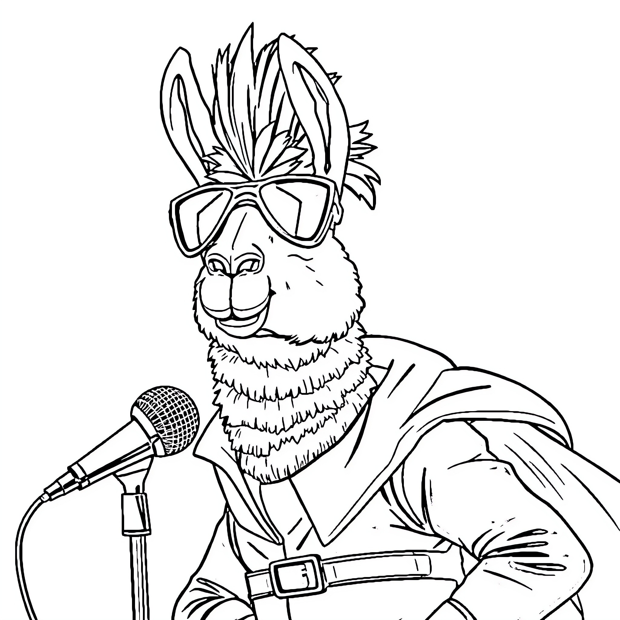 Llama musician performing with microphone and sunglasses Coloring Page (free black-and-white line drawing printable PDF for all, from beginners to advanced learners, including children, teens, adults, and seniors)
