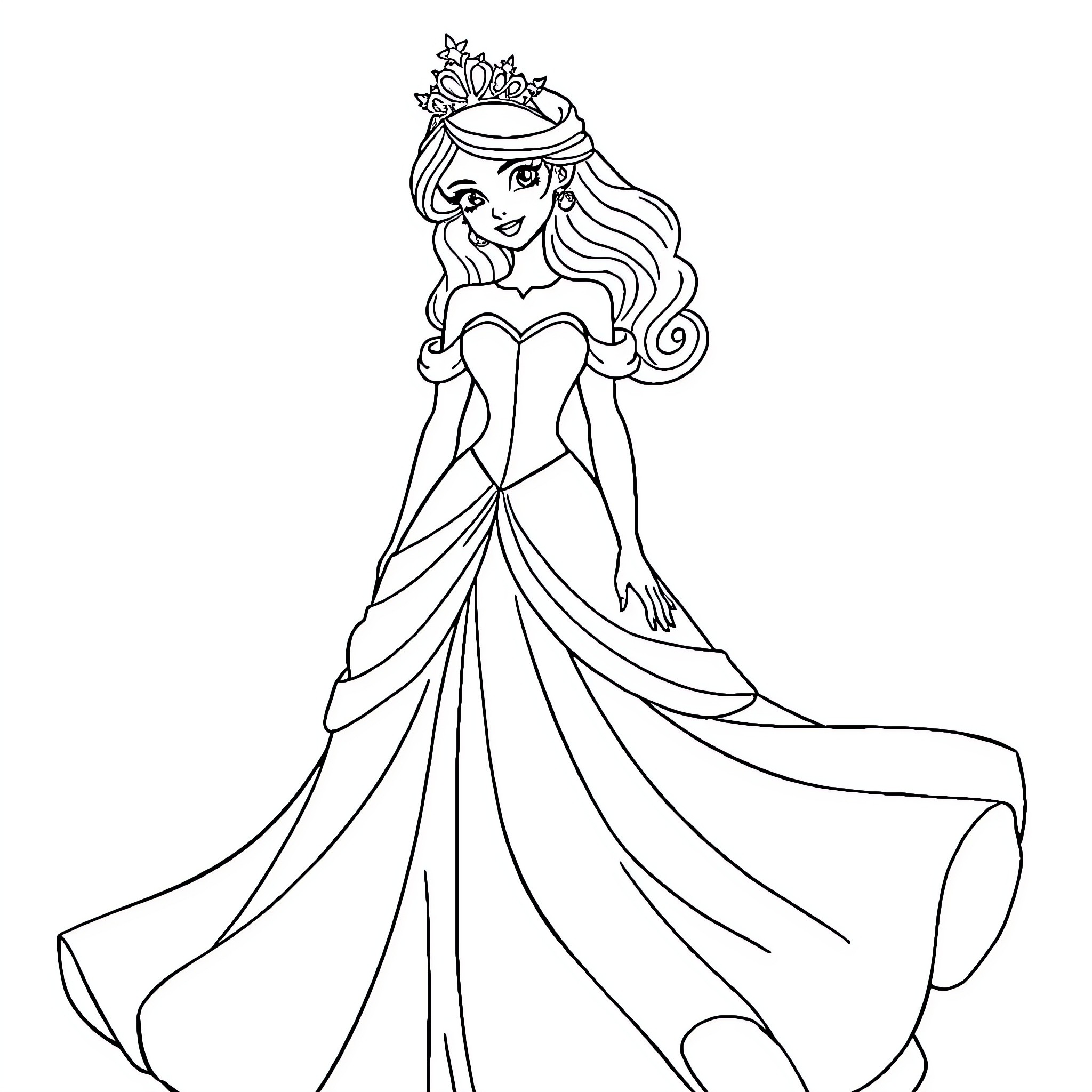 Princess in Elegant Gown and Tiara Coloring Page (free black-and-white line drawing printable PDF for all, from beginners to advanced learners, including children, teens, adults, and seniors)