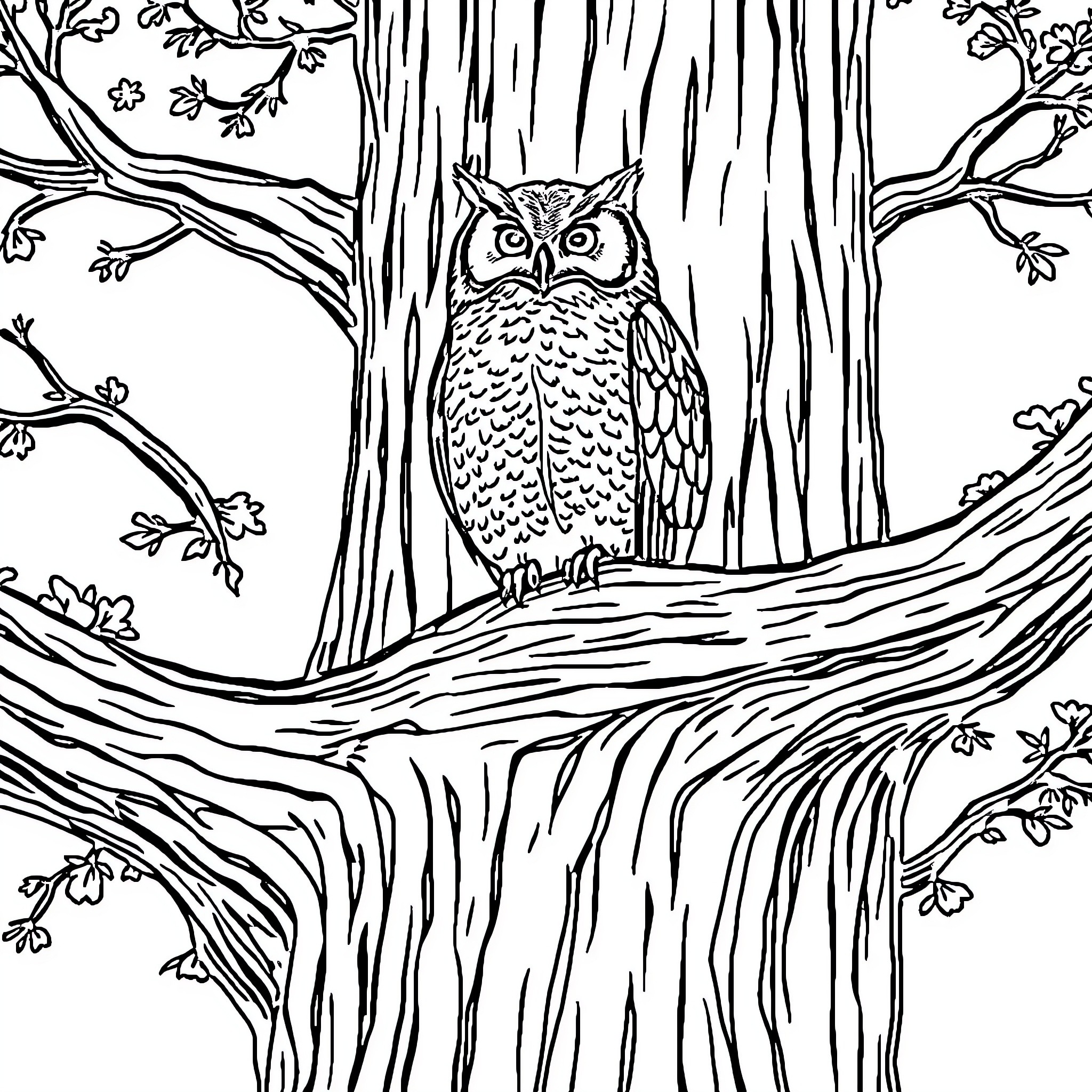 Owl perched attentively on tree branch Coloring Page (free black-and-white line drawing printable PDF for all, from beginners to advanced learners, including children, teens, adults, and seniors)