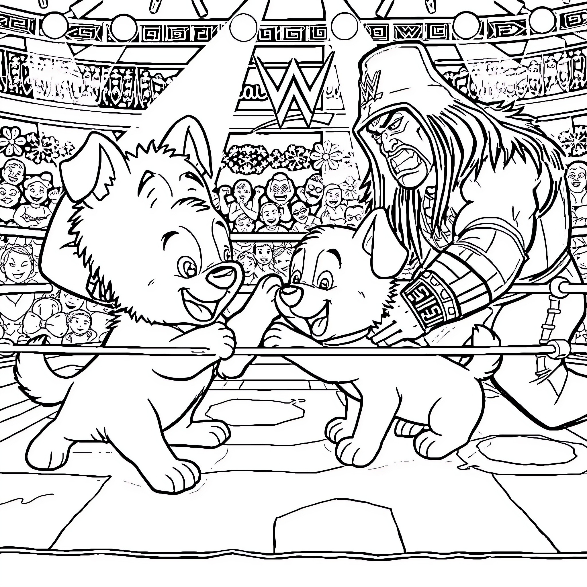 Bluey's Raucous Wrestling Match Coloring Page (free black-and-white line drawing printable PDF for all, from beginners to advanced learners, including children, teens, adults, and seniors)